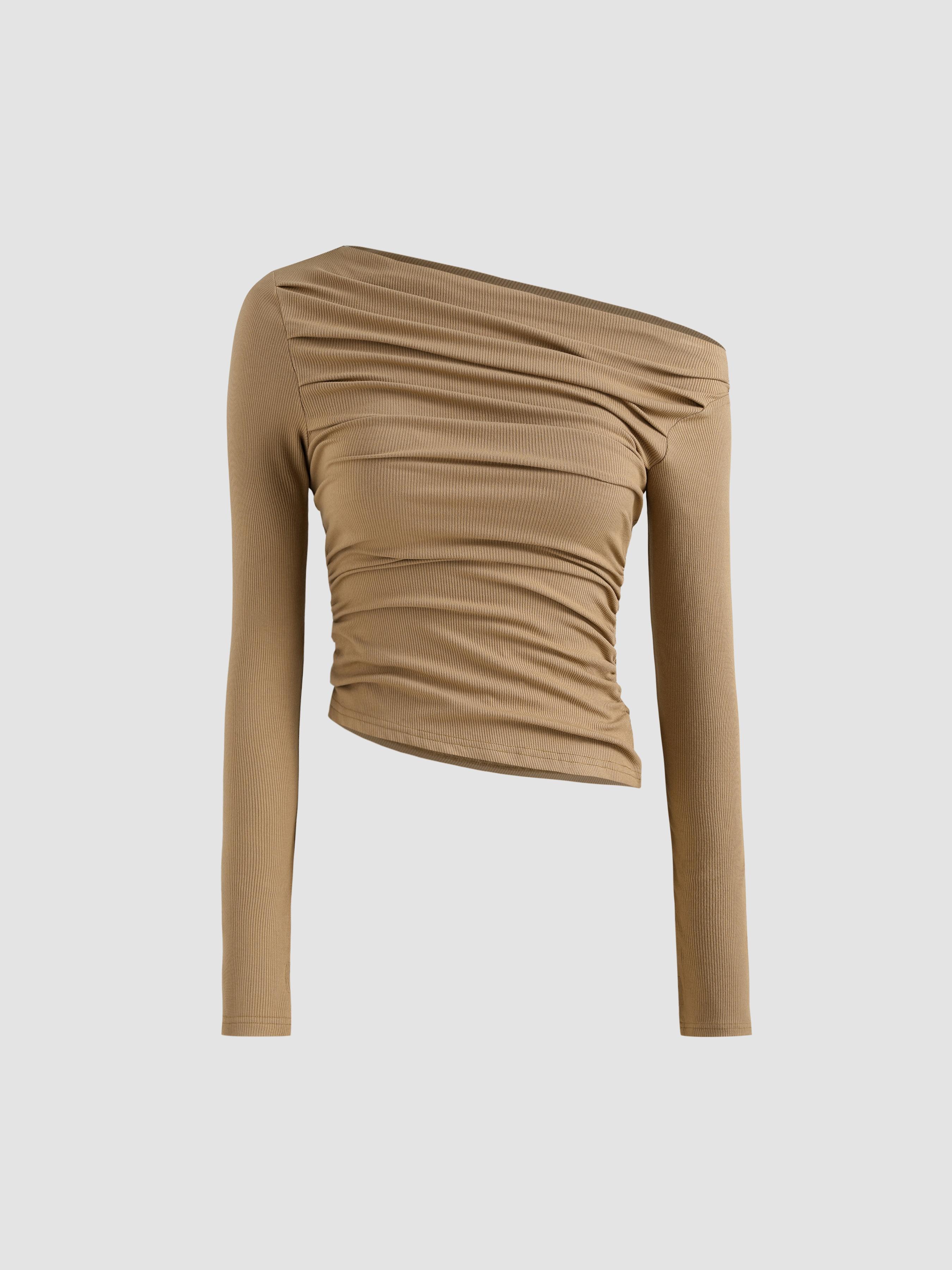 Solid Asymmetrical Neck Long Sleeve Top by CIDER