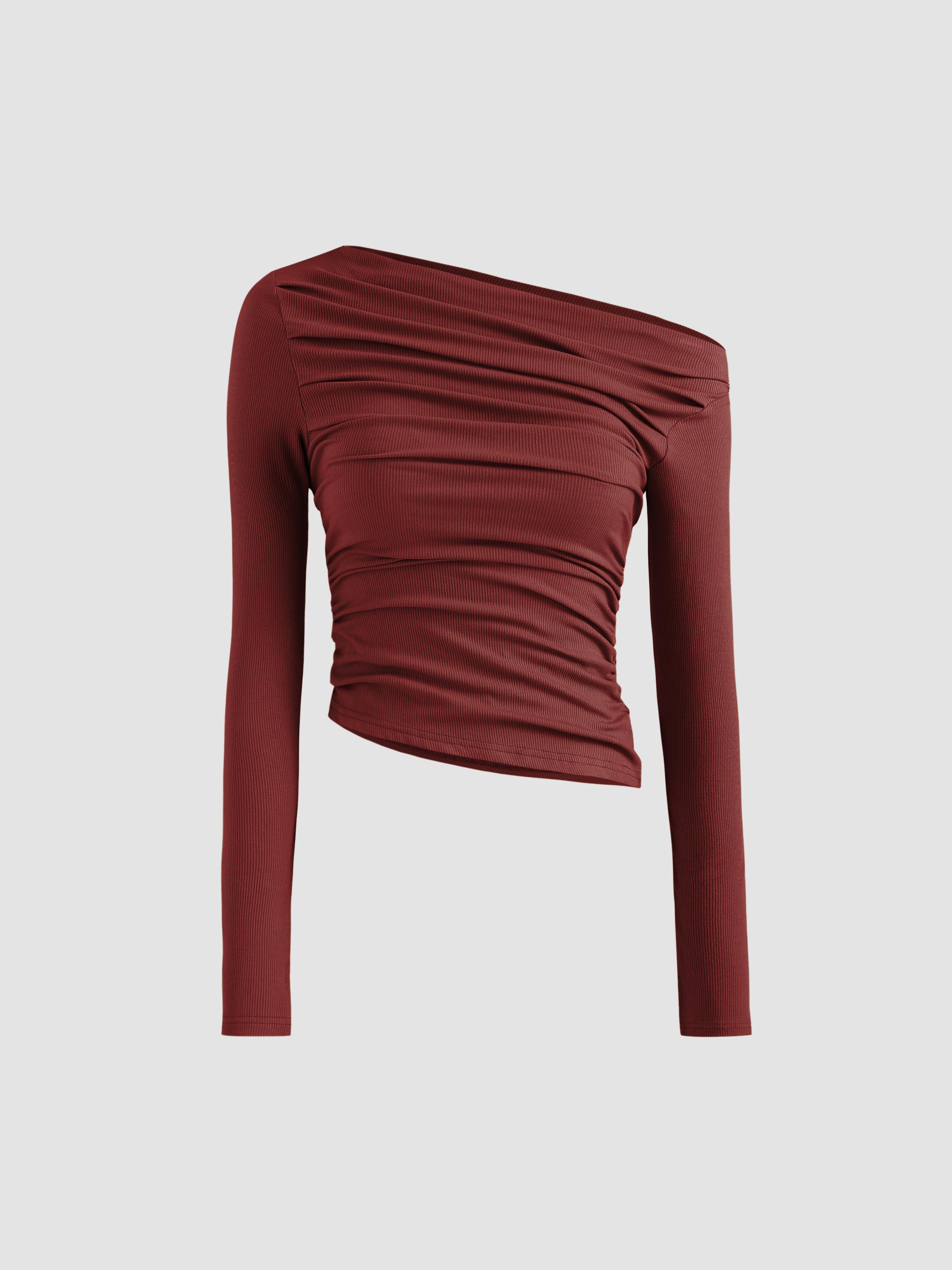 Solid Asymmetrical Neck Long Sleeve Top by CIDER