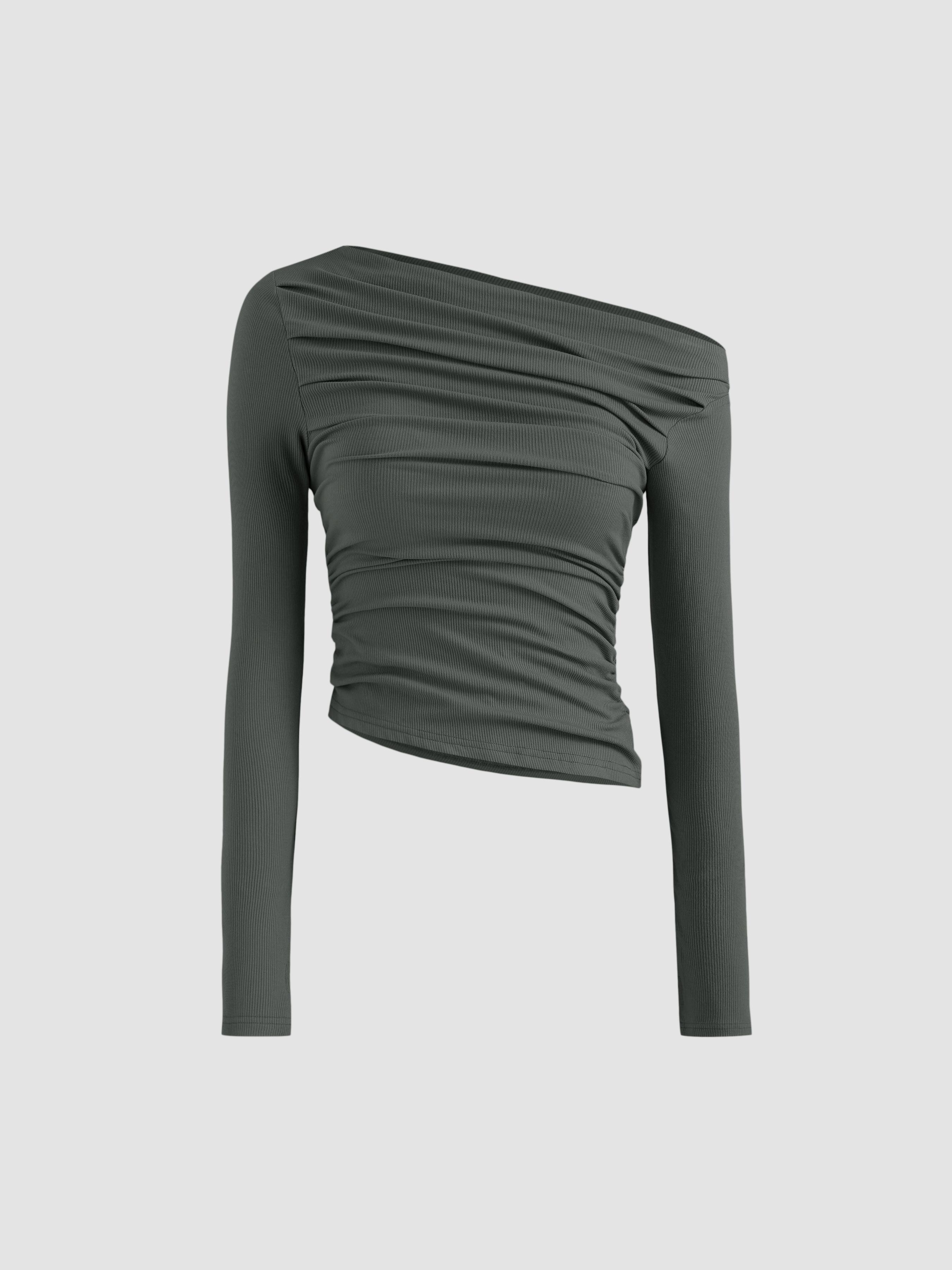 Solid Asymmetrical Neck Long Sleeve Top by CIDER