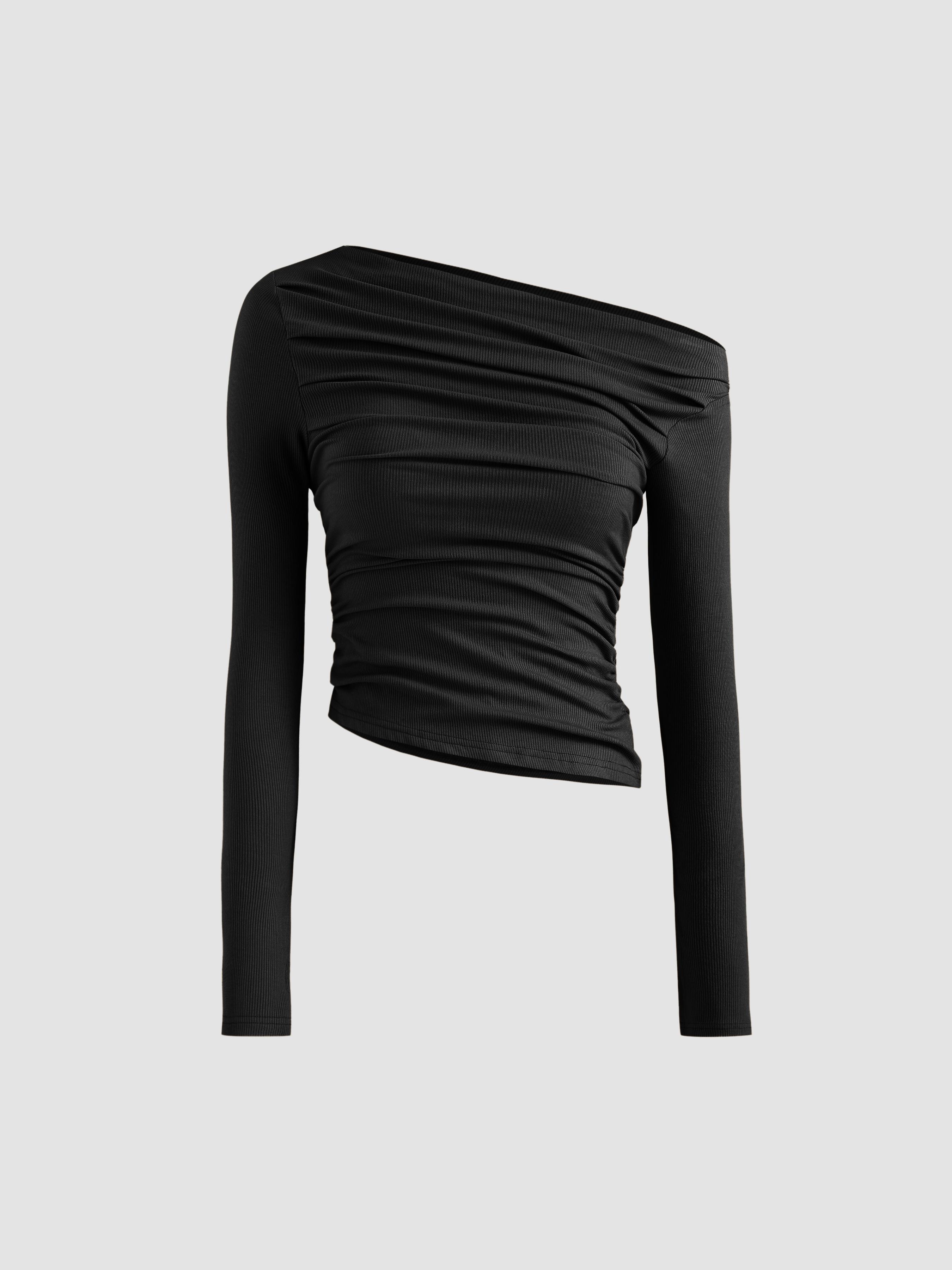 Solid Asymmetrical Neck Long Sleeve Top by CIDER