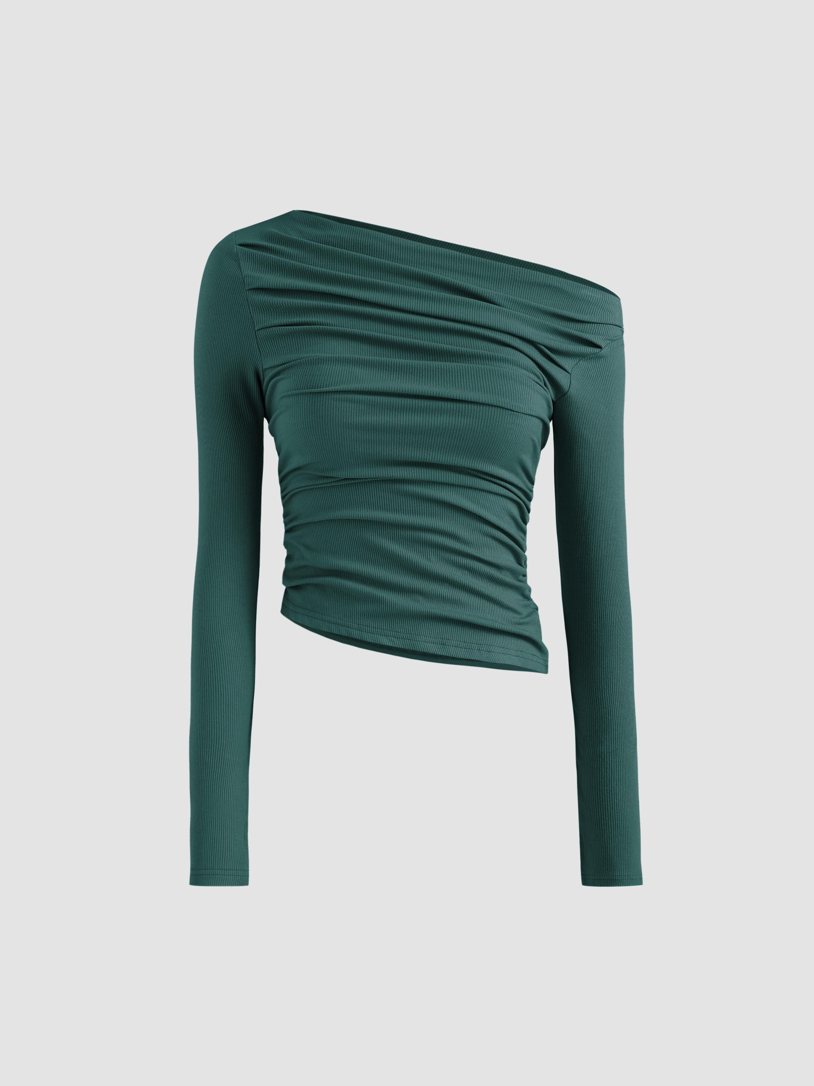 Solid Asymmetrical Neck Long Sleeve Top by CIDER