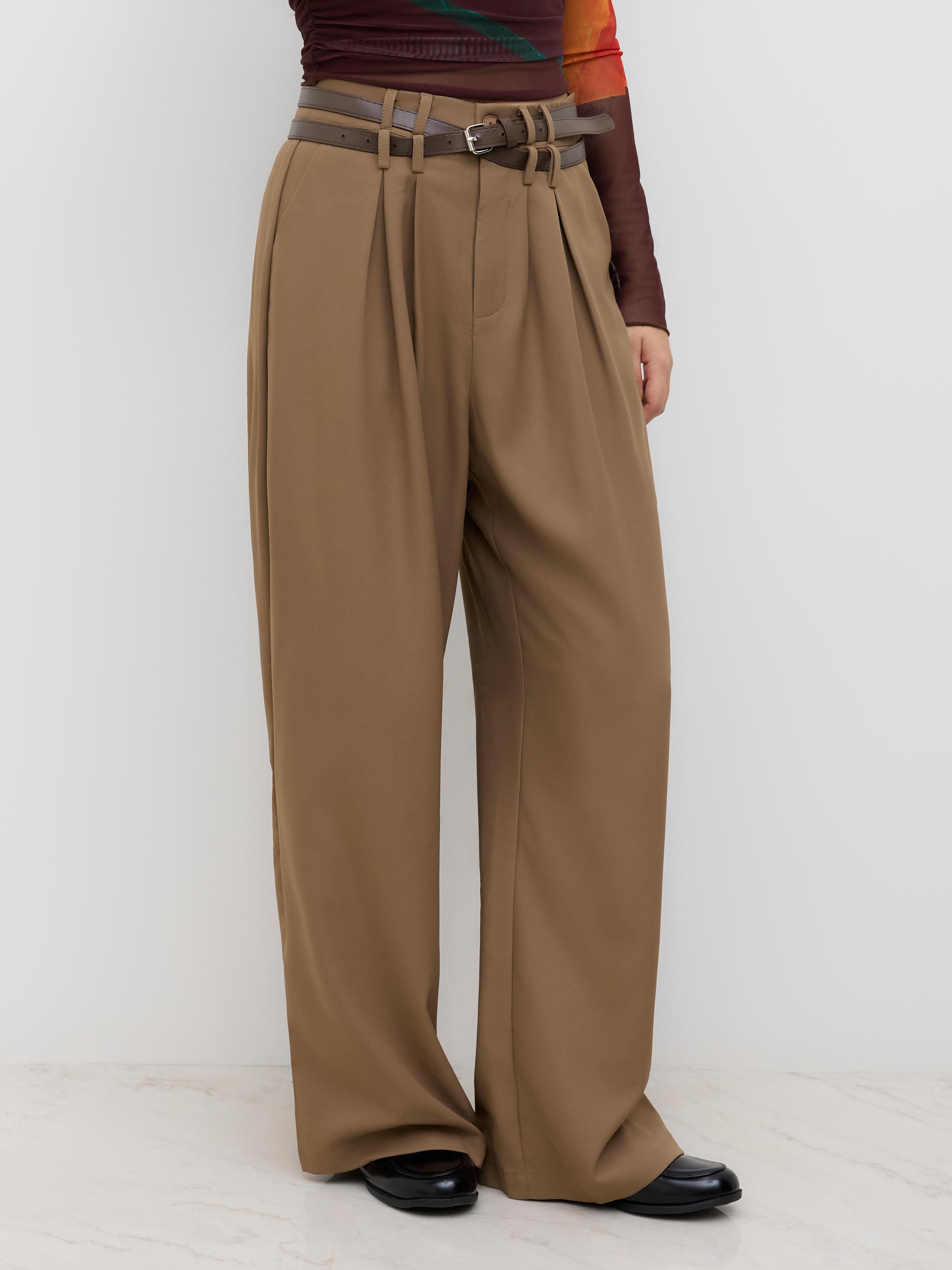 Solid Belted Straight Leg Trousers by CIDER