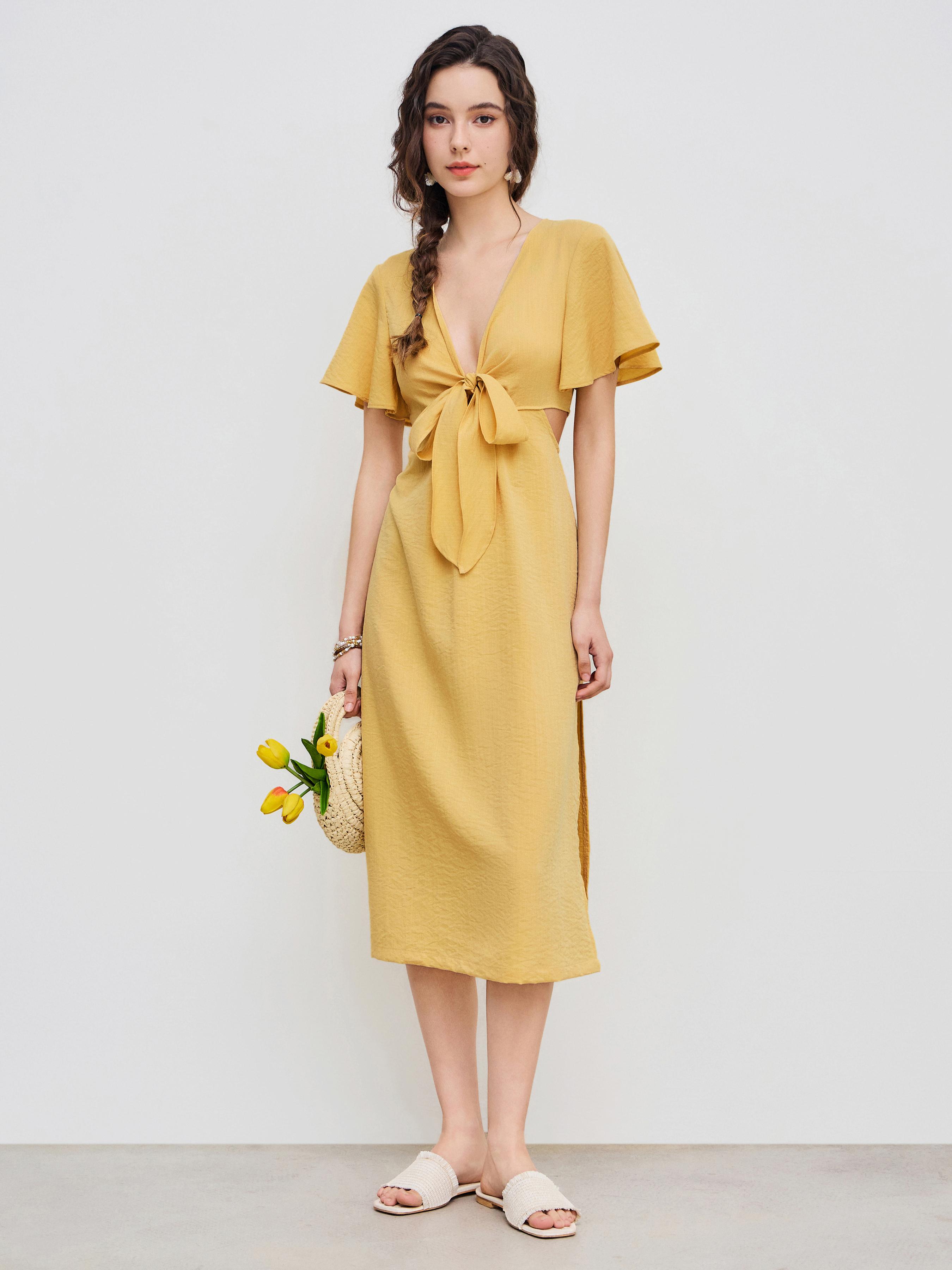 Solid Bow Cut Out Midi Dress by CIDER