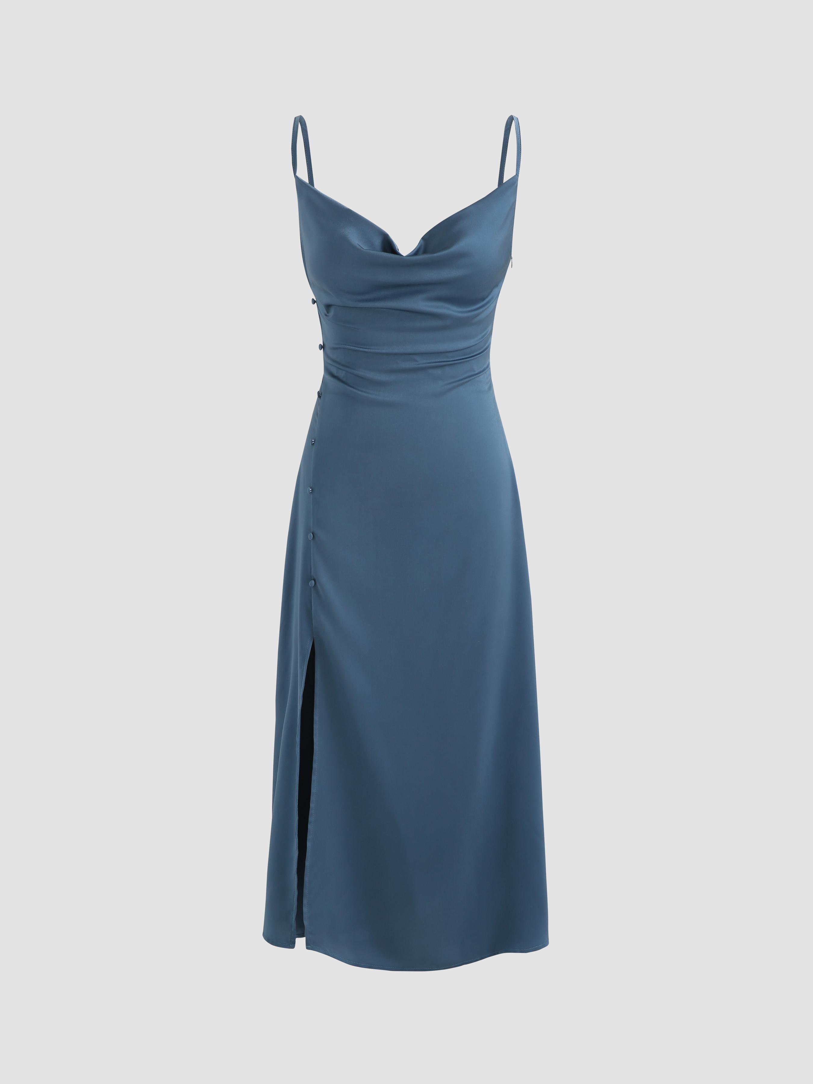 Solid Cowl Neck Slit Midi Dress by CIDER