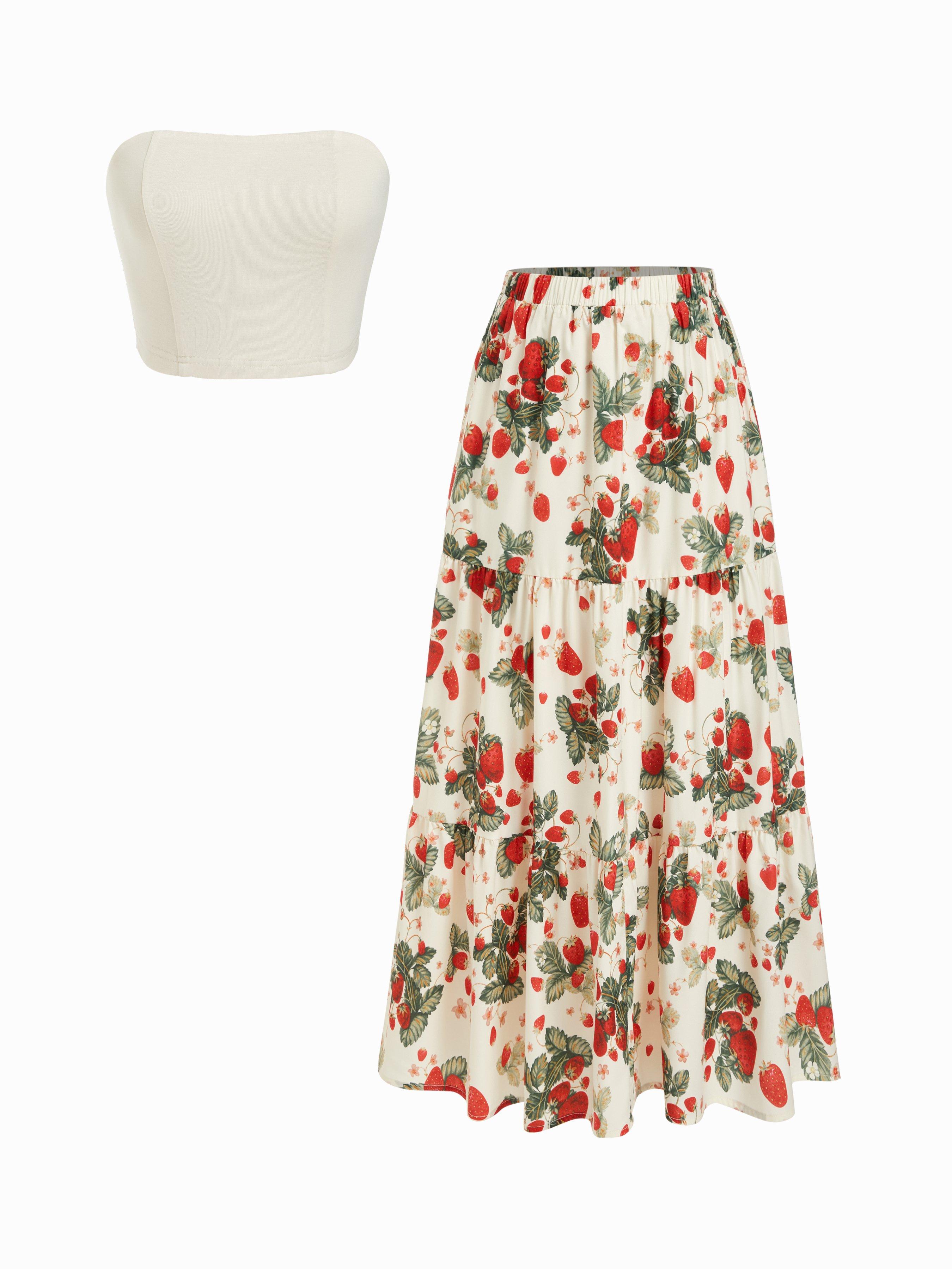 Solid Crop Tube Top & Mid Rise Floral Ruffle Tiered Maxi Skirt Set by CIDER