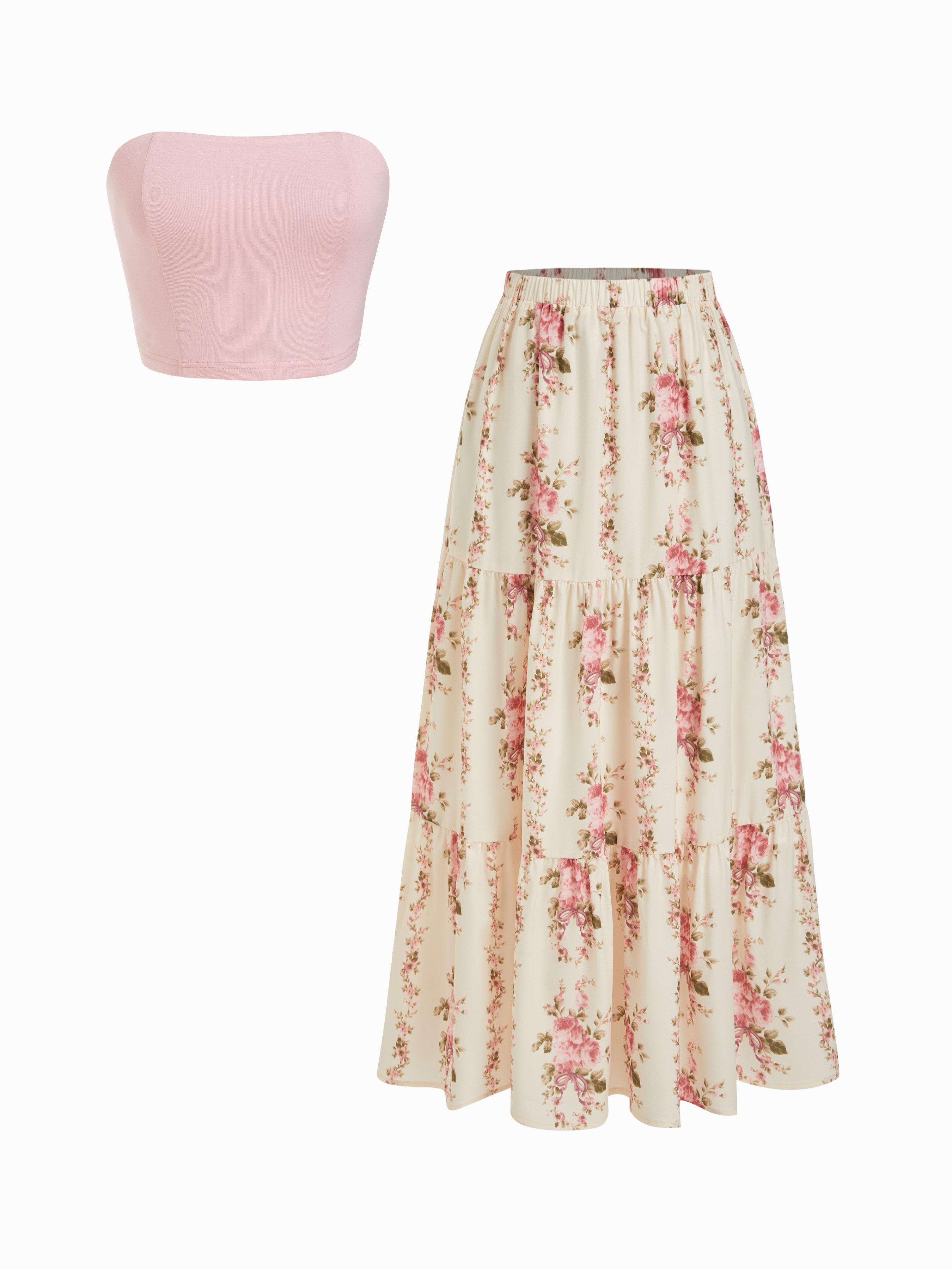 Solid Crop Tube Top & Mid Rise Floral Ruffle Tiered Maxi Skirt Set by CIDER
