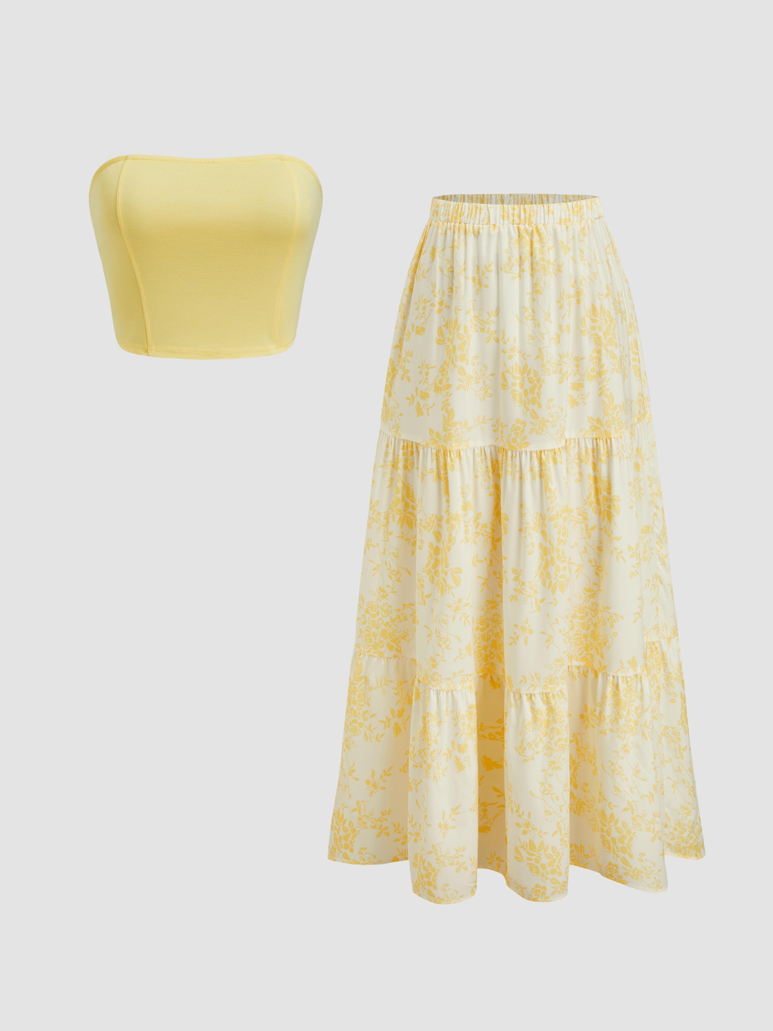 Solid Crop Tube Top & Mid Rise Floral Ruffle Tiered Maxi Skirt Set by CIDER