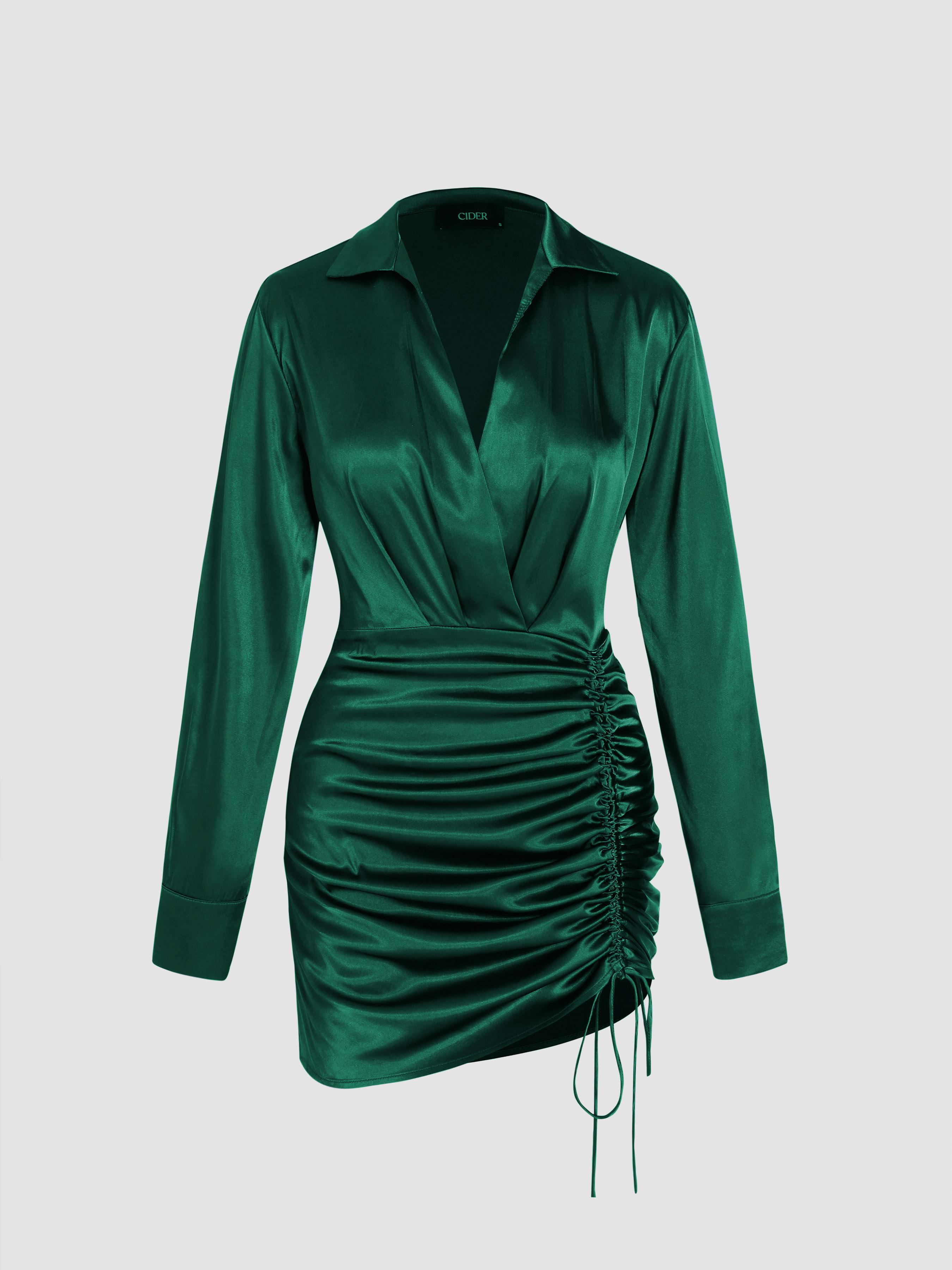 Solid Drawstring Satin Mini Shirt Dress by CIDER