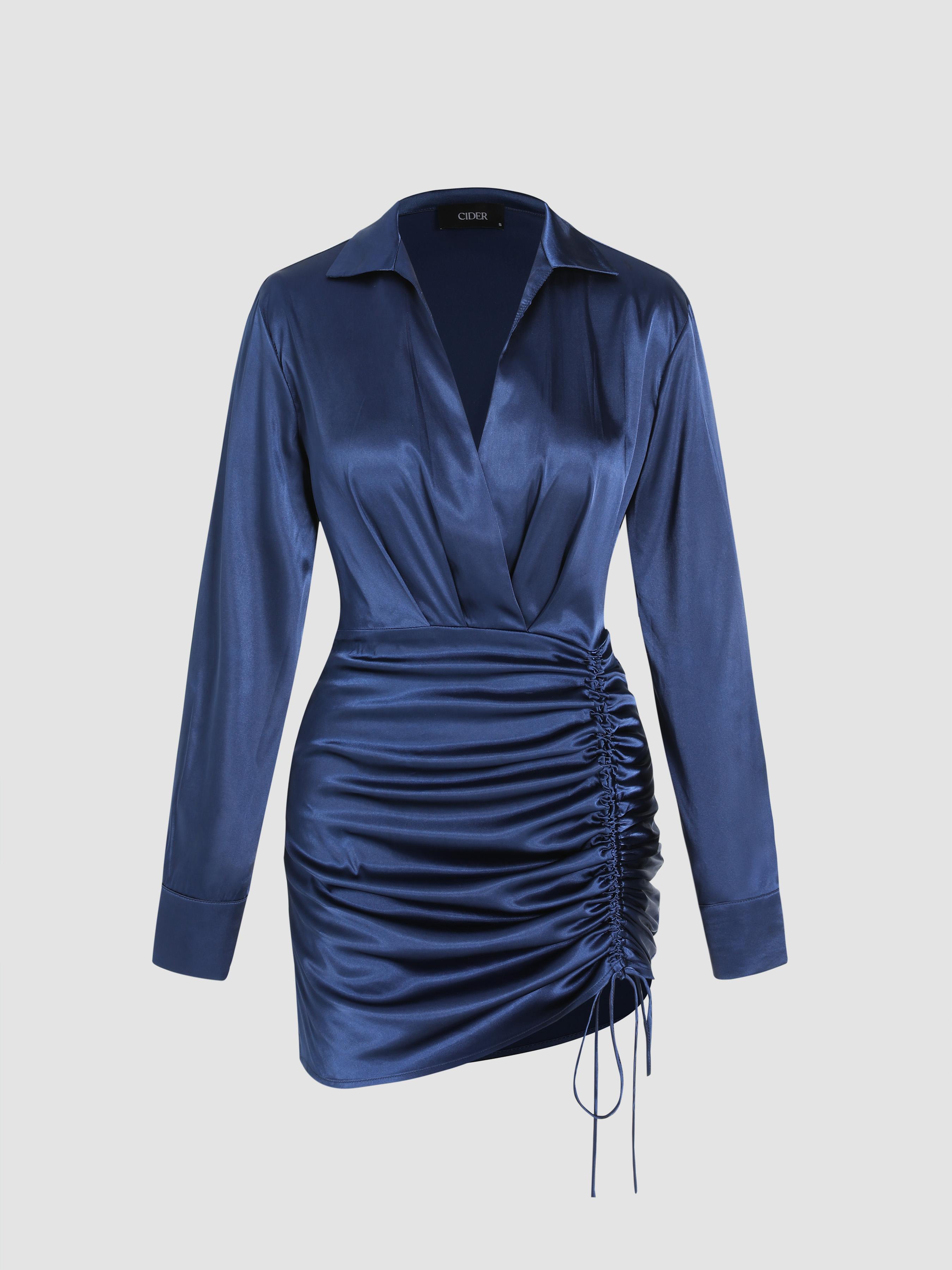 Solid Drawstring Satin Mini Shirt Dress by CIDER