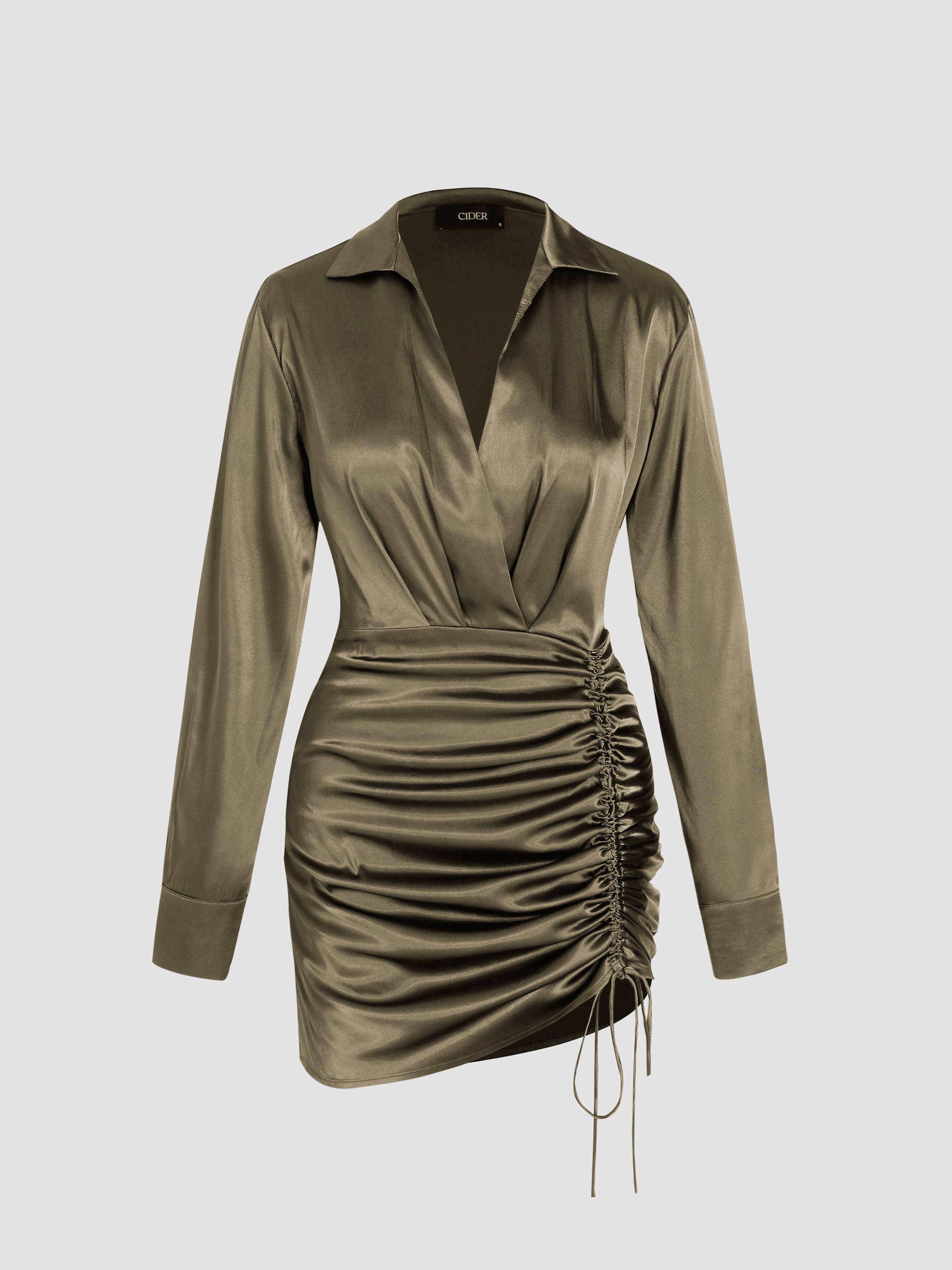 Solid Drawstring Satin Mini Shirt Dress by CIDER