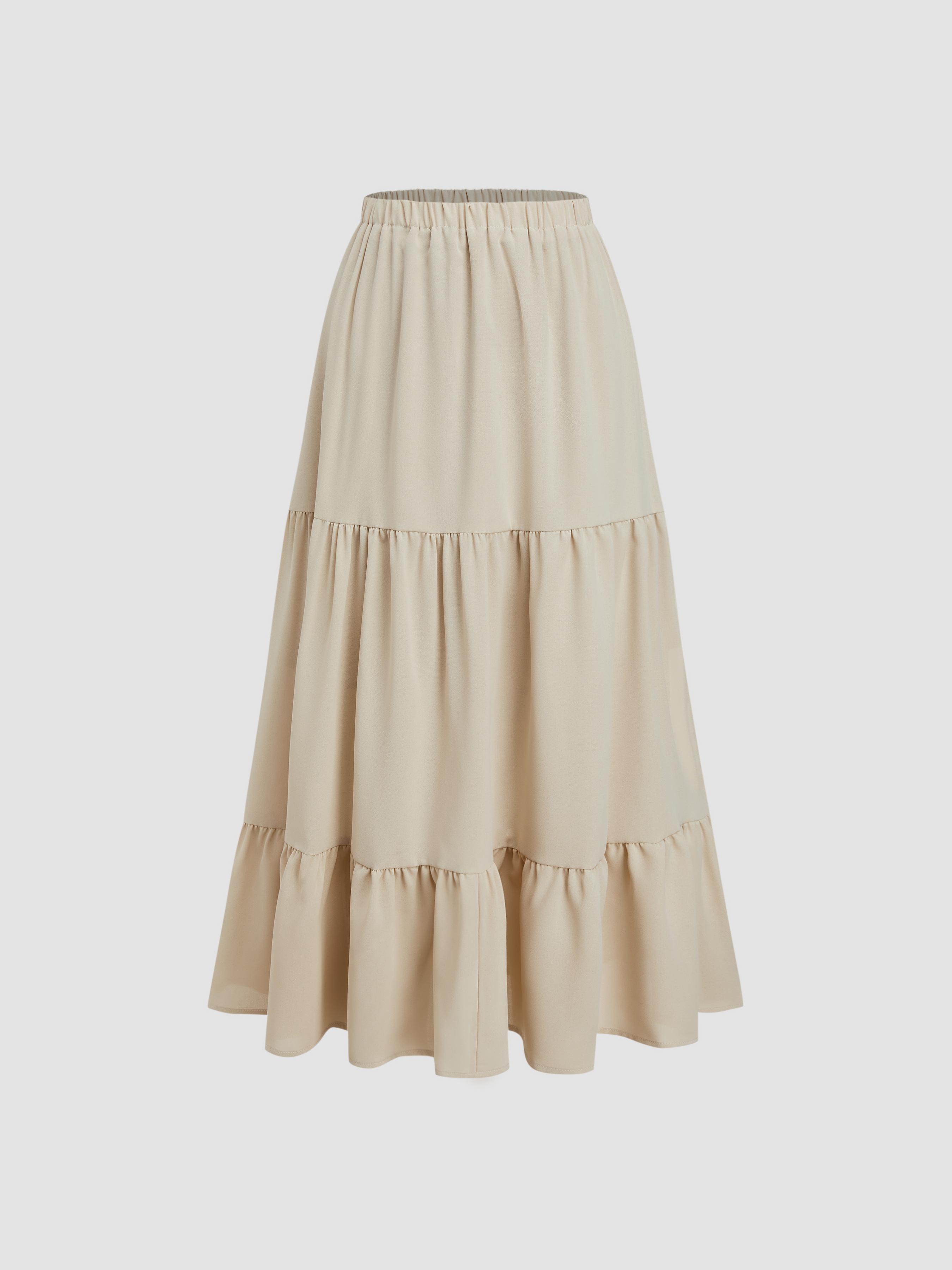 Solid Elastic Waist Ruffle Hem Tiered Maxi Skirt by CIDER
