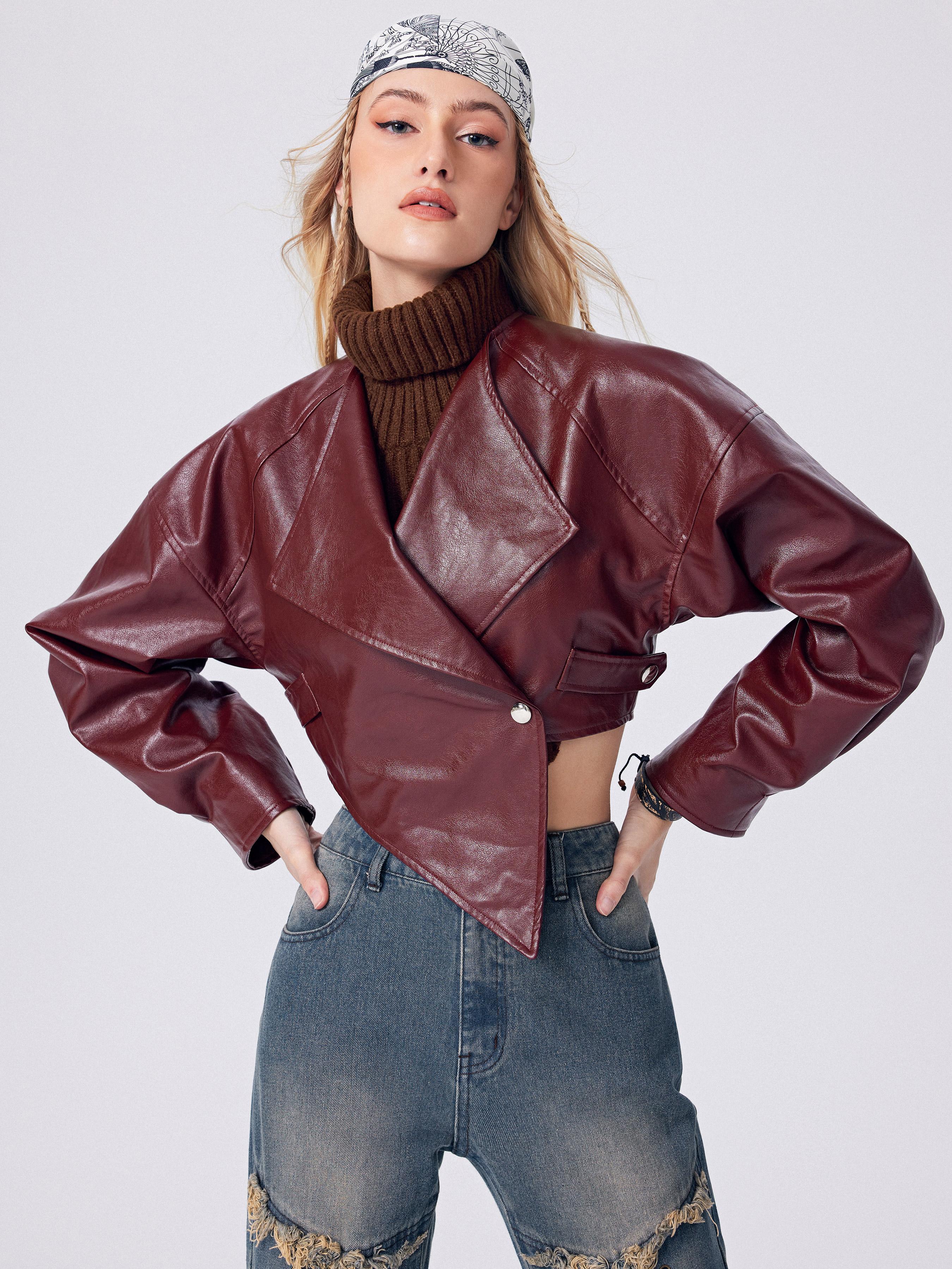 Solid Faux Leather Button Up Asymmetrical Crop Jacket by CIDER