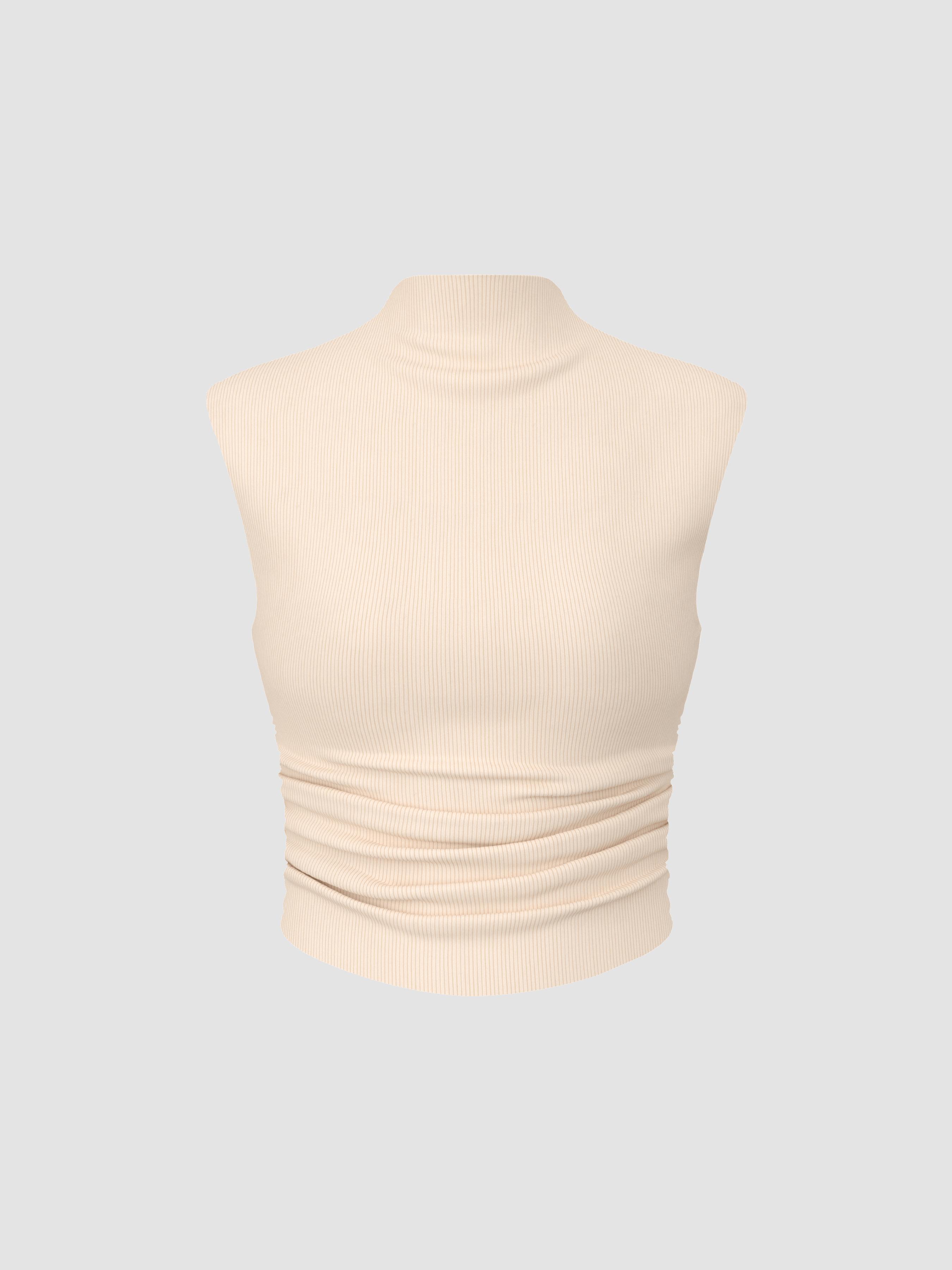 Solid High Neck Sleeveless Ruched Tank Top by CIDER