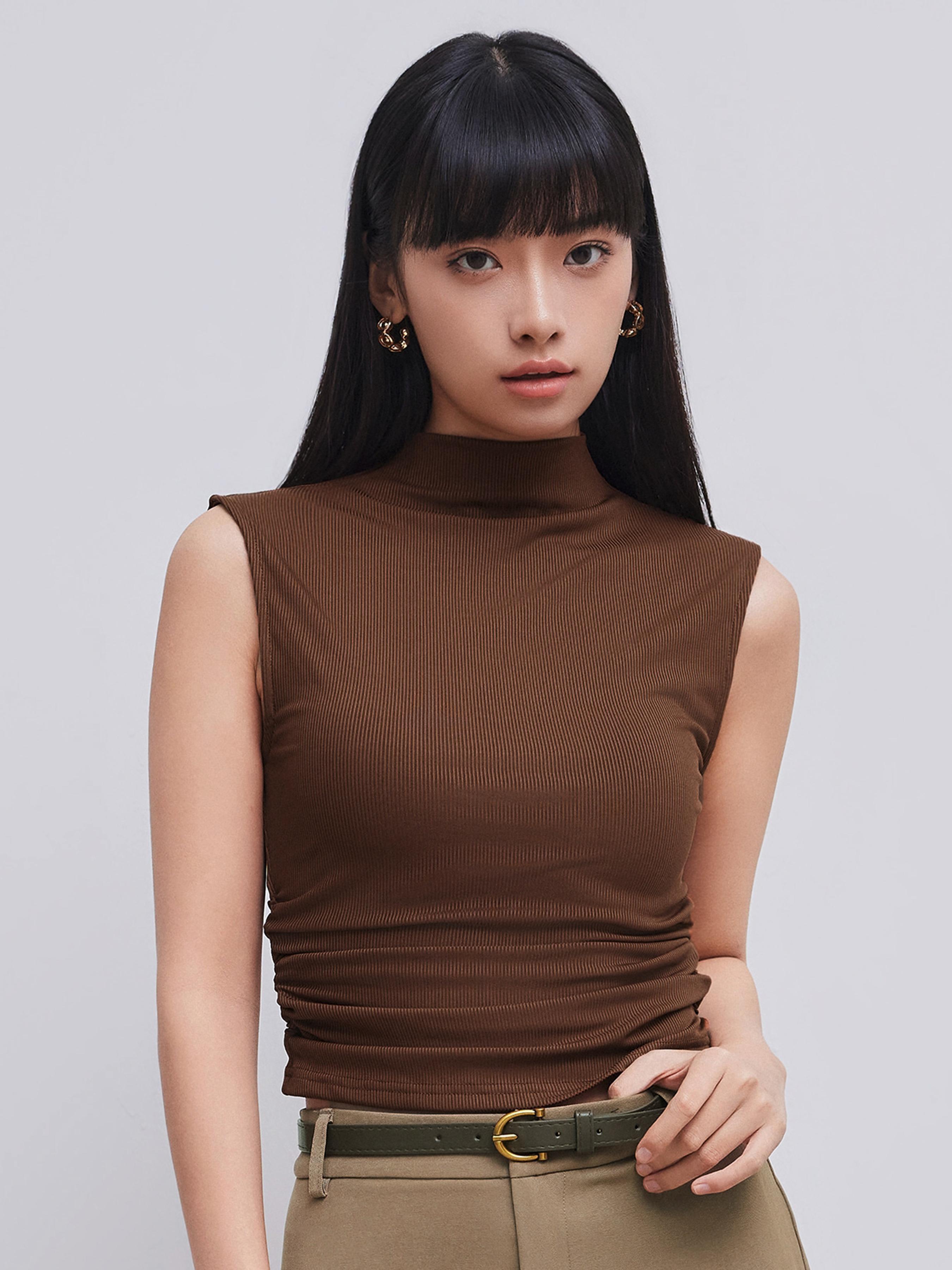 Solid High Neck Sleeveless Ruched Tank Top by CIDER