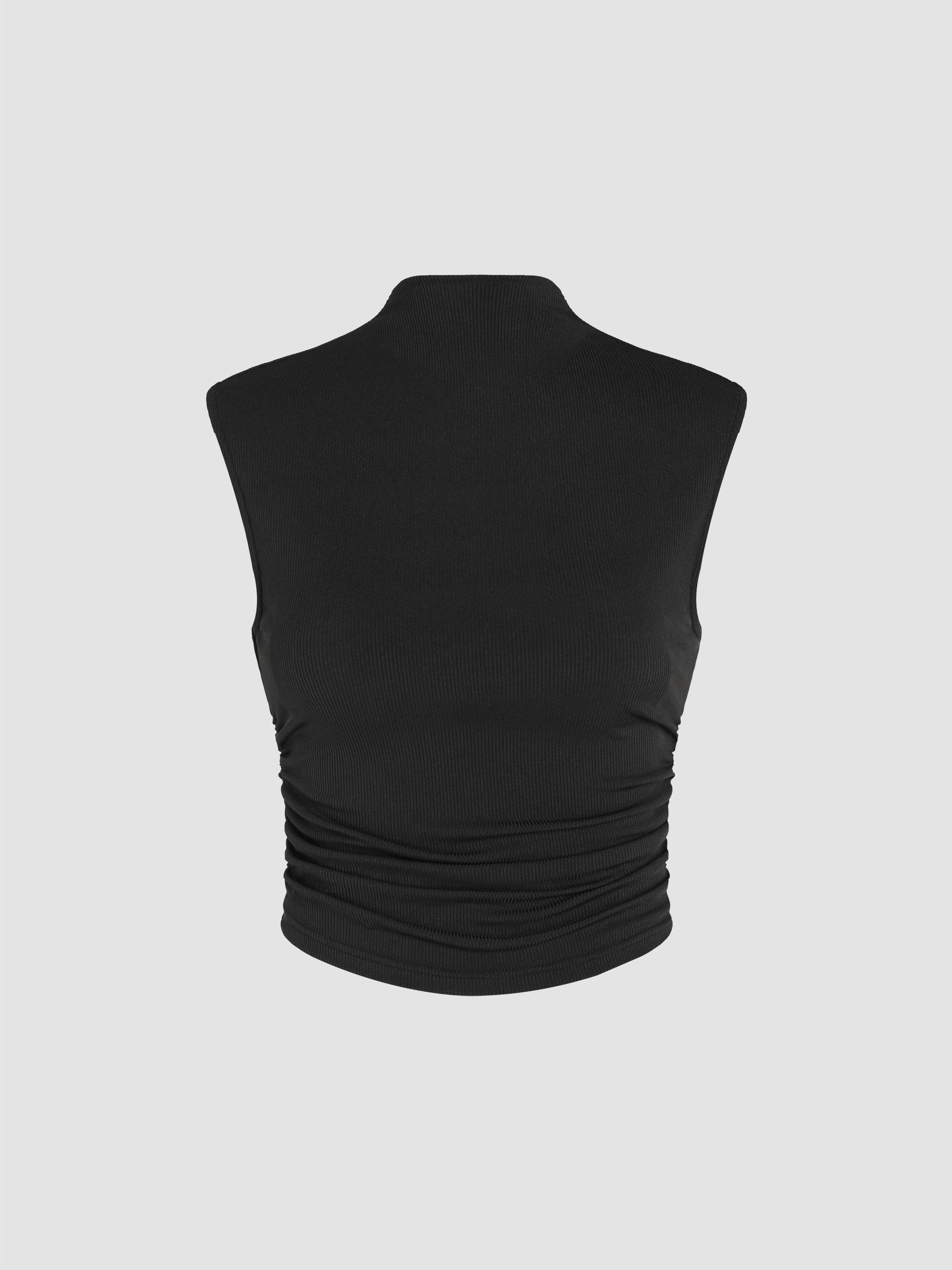 Solid High Neck Sleeveless Ruched Tank Top by CIDER