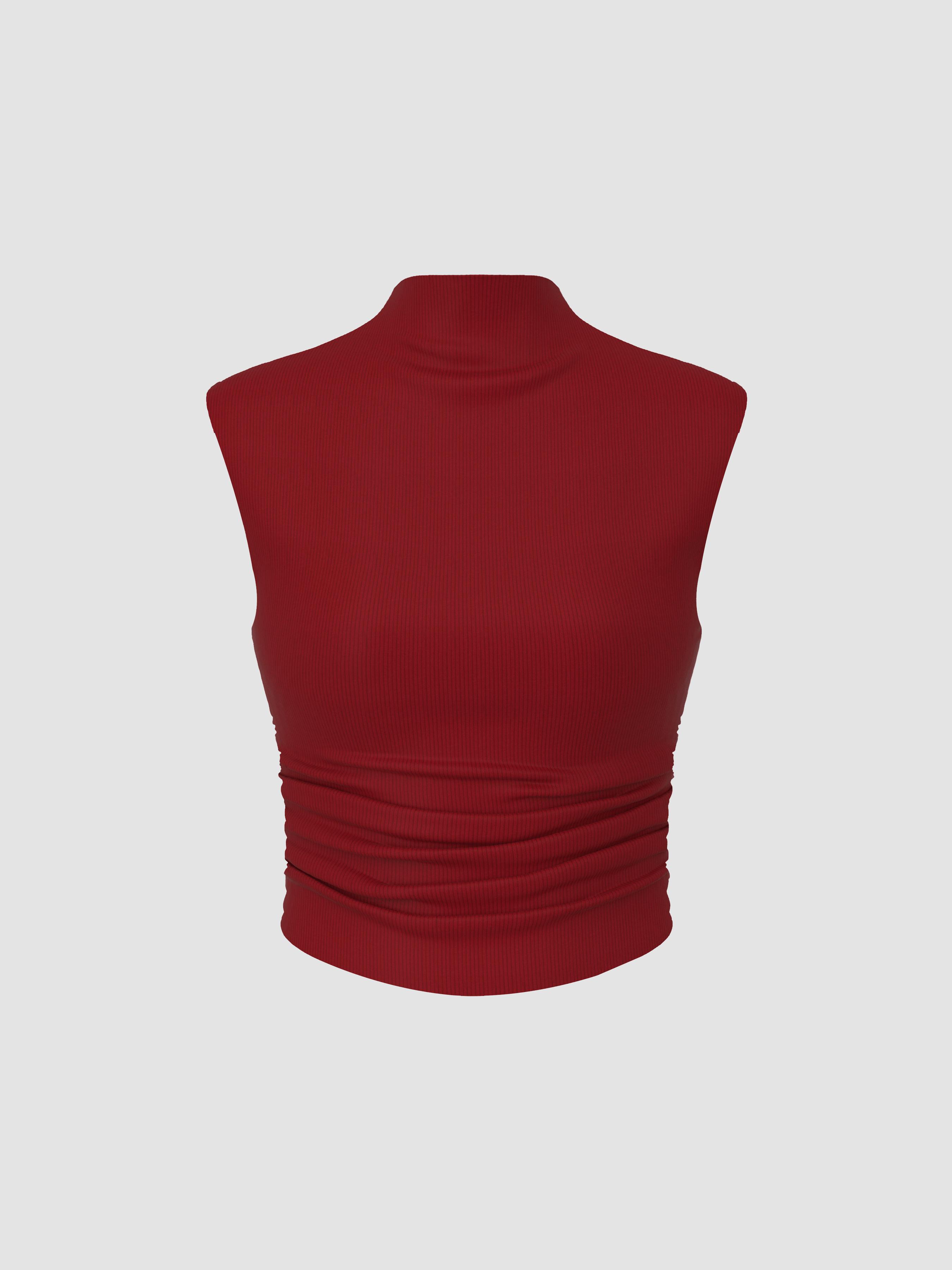 Solid High Neck Sleeveless Ruched Tank Top by CIDER