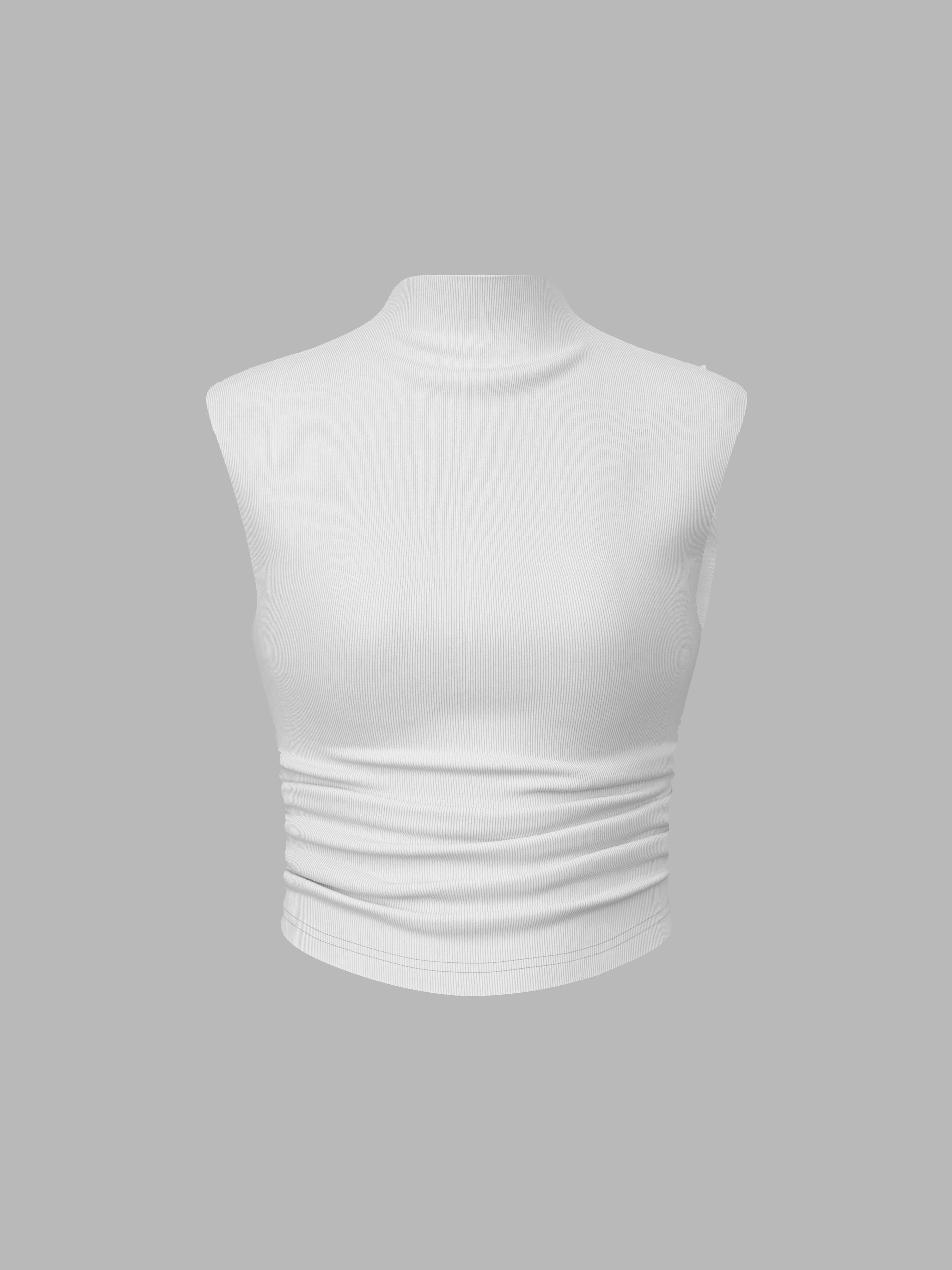 Solid High Neck Sleeveless Ruched Tank Top by CIDER