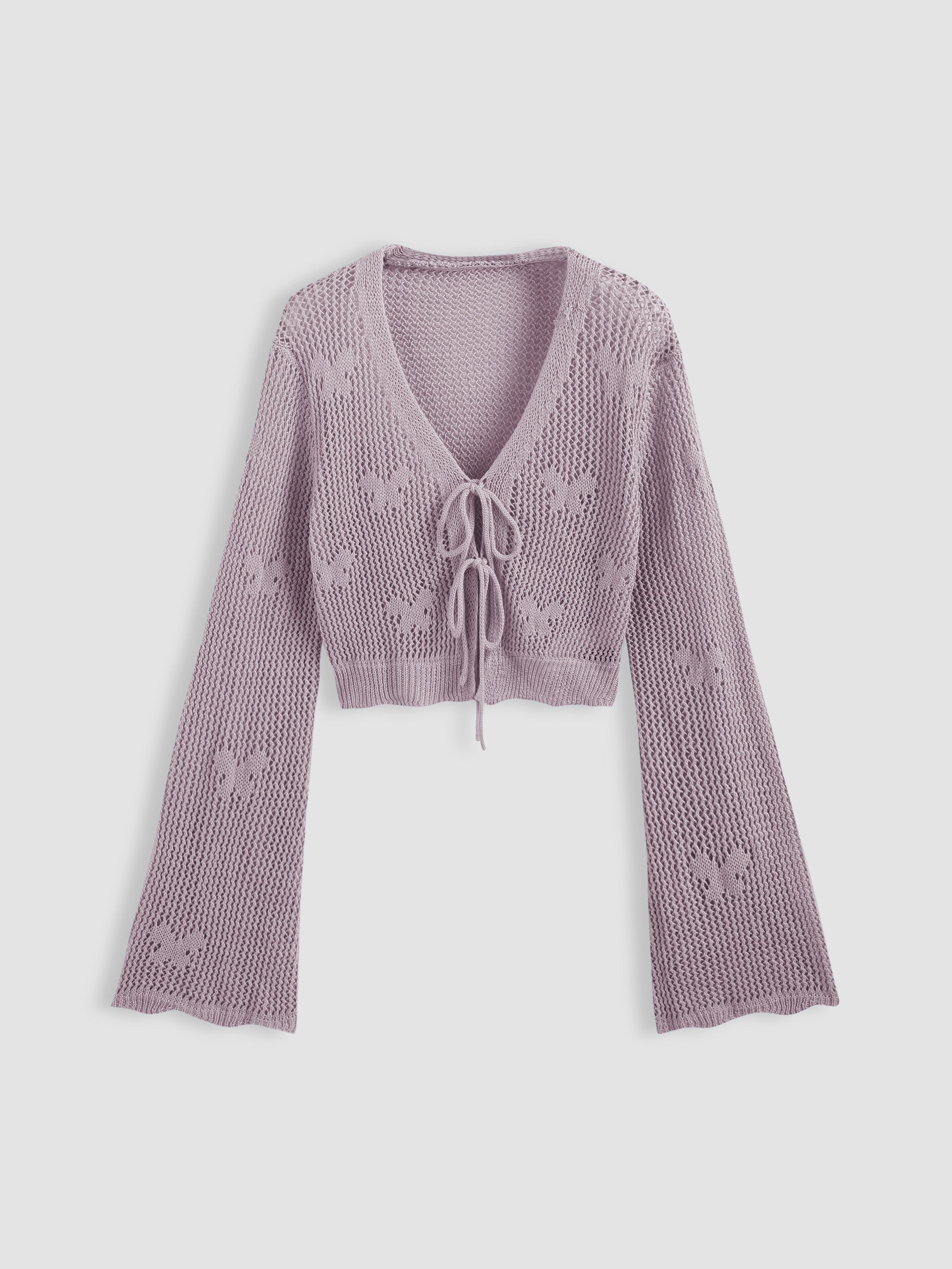 Solid Hollow Out Knit Knotted Cardigan by CIDER
