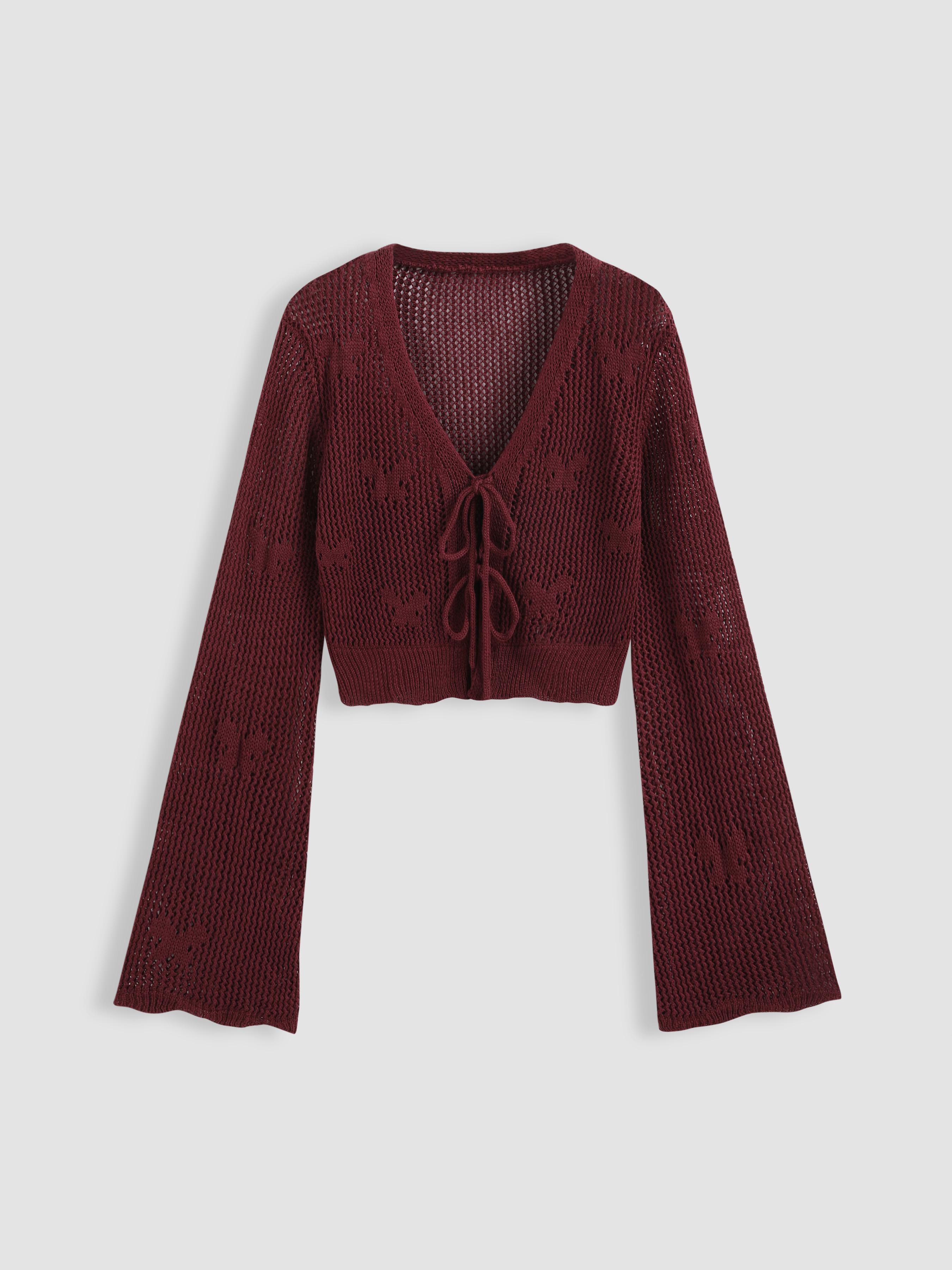 Solid Hollow Out Knit Knotted Cardigan by CIDER