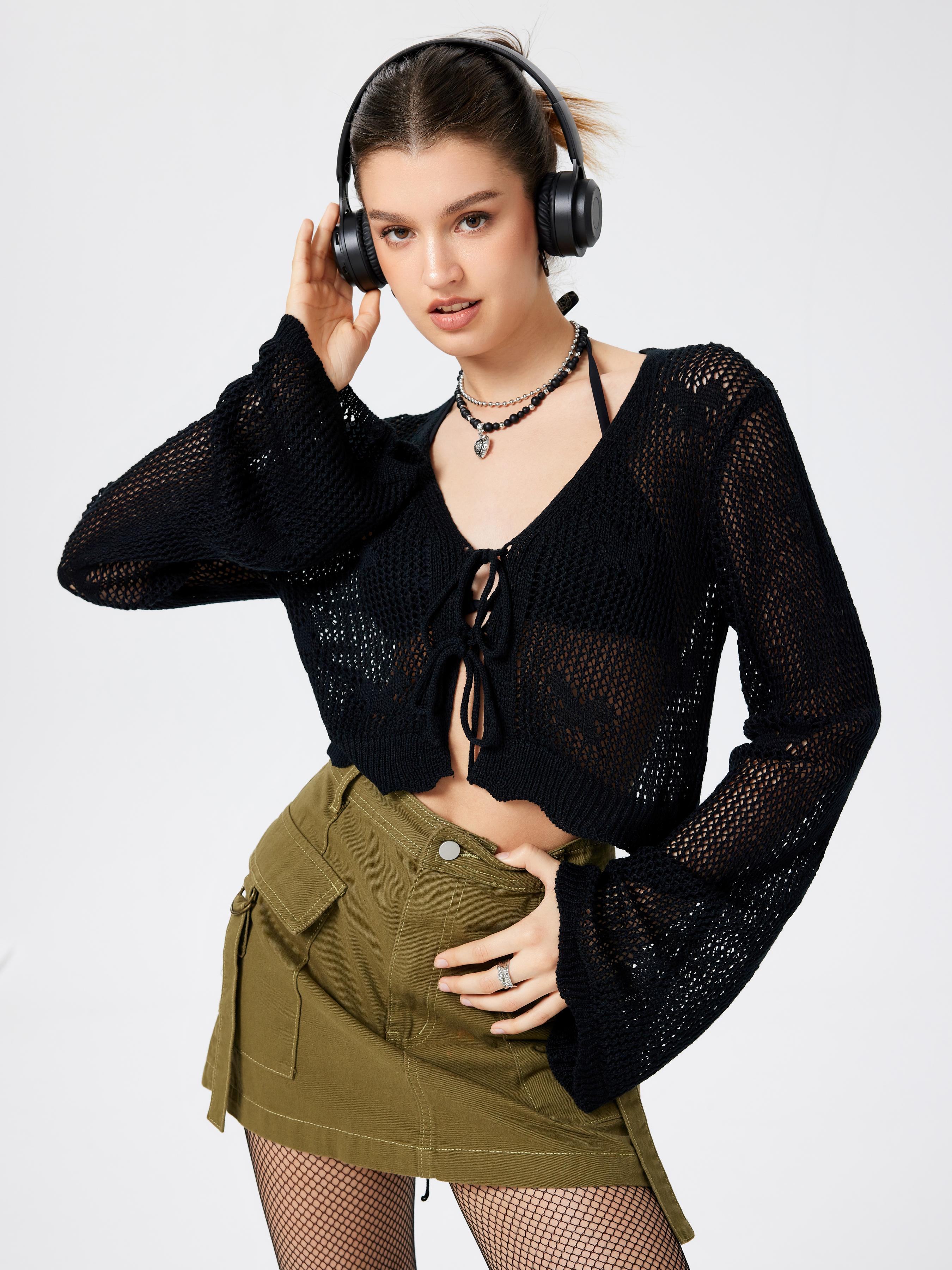 Solid Hollow Out Knit Knotted Cardigan by CIDER