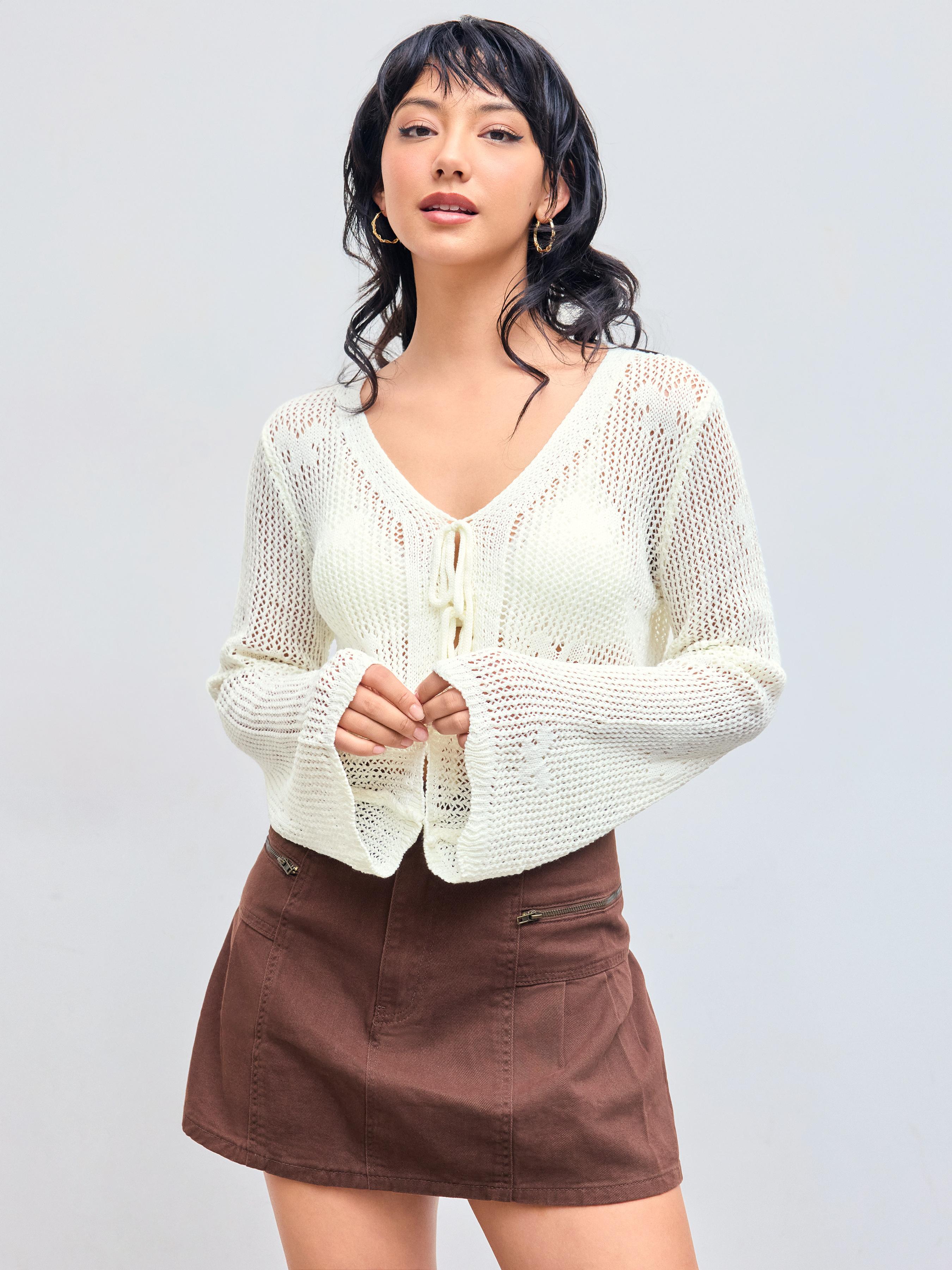 Solid Hollow Out Knit Knotted Cardigan by CIDER