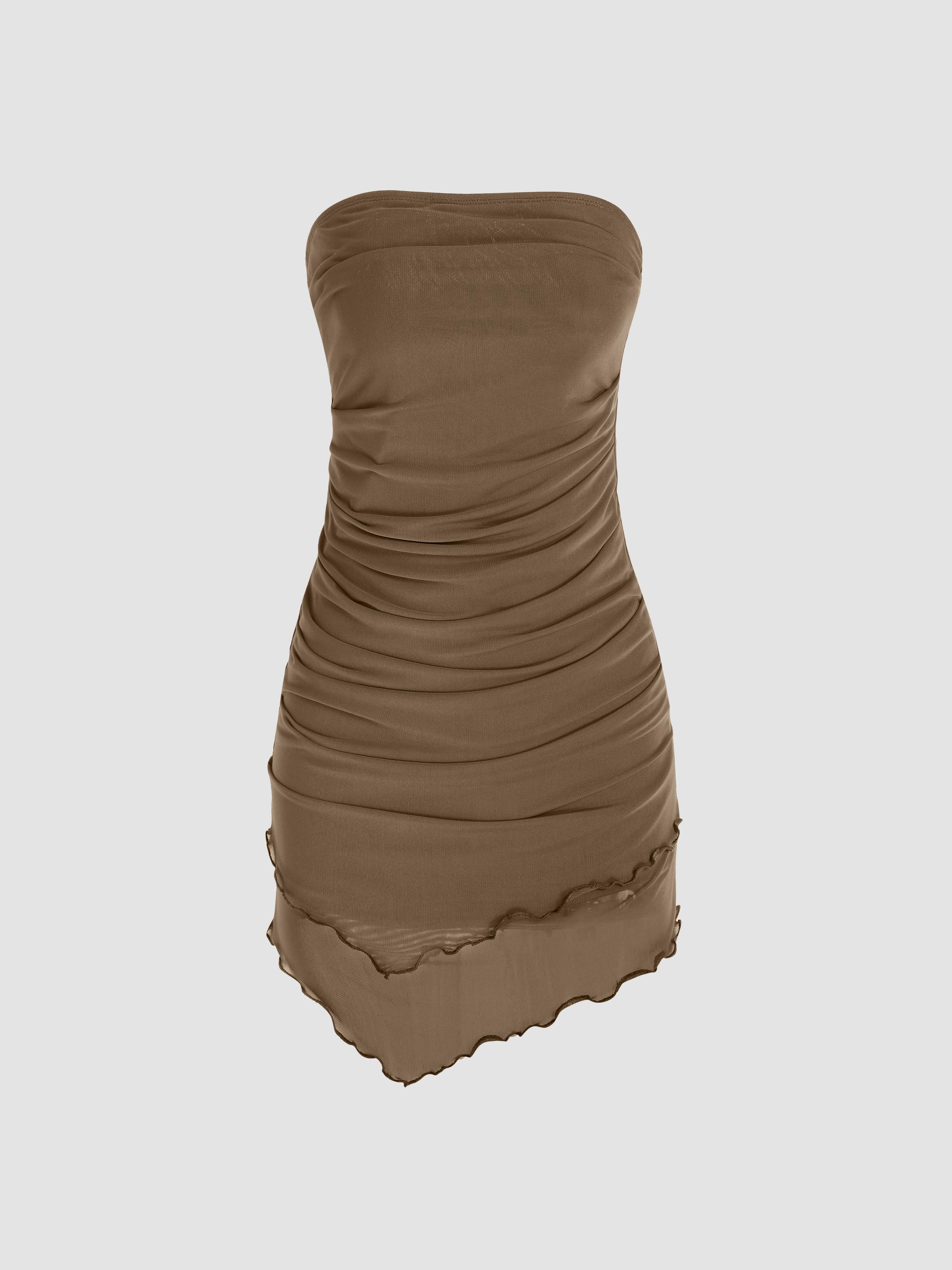 Solid Knit Fabric Ruffle Ruched Tube Mini Dress by CIDER