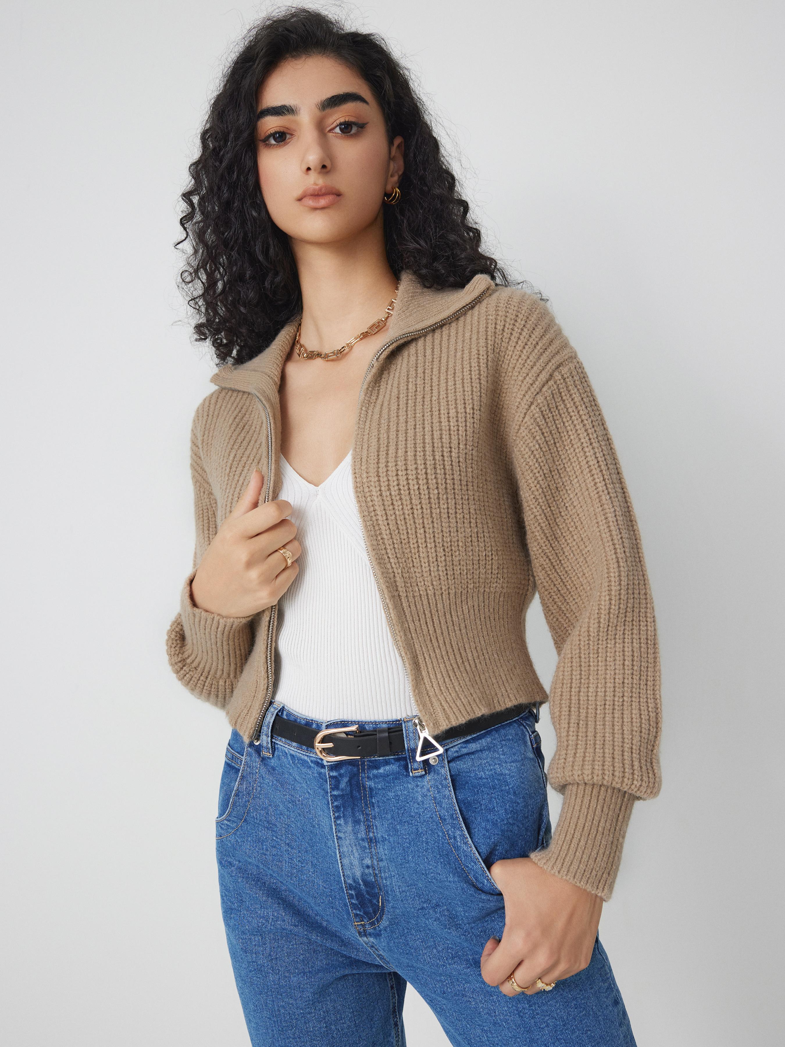 Solid Knit Polo Zipper Cardigan by CIDER