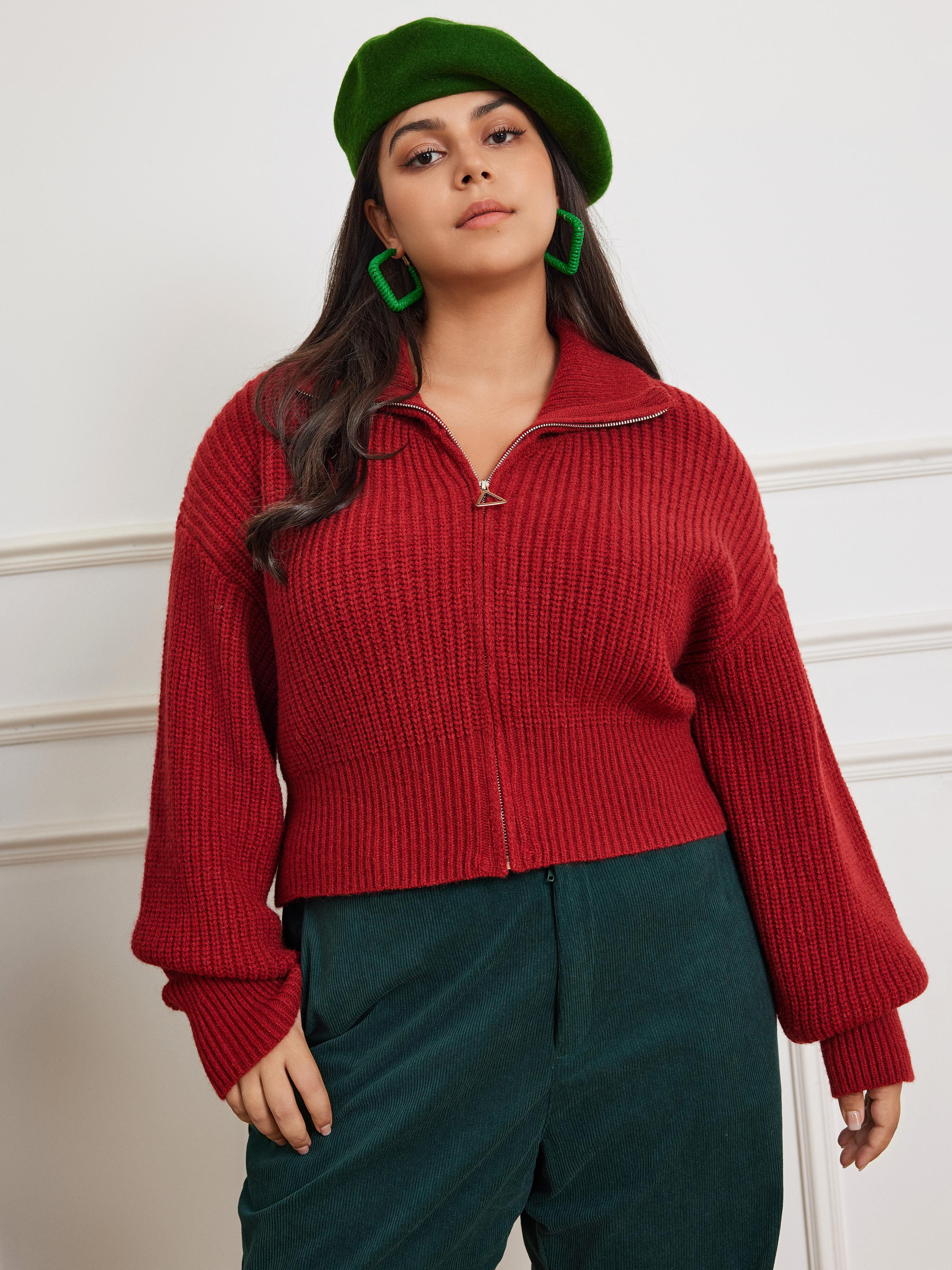 Solid Knit Polo Zipper Cardigan Curve & Plus by CIDER