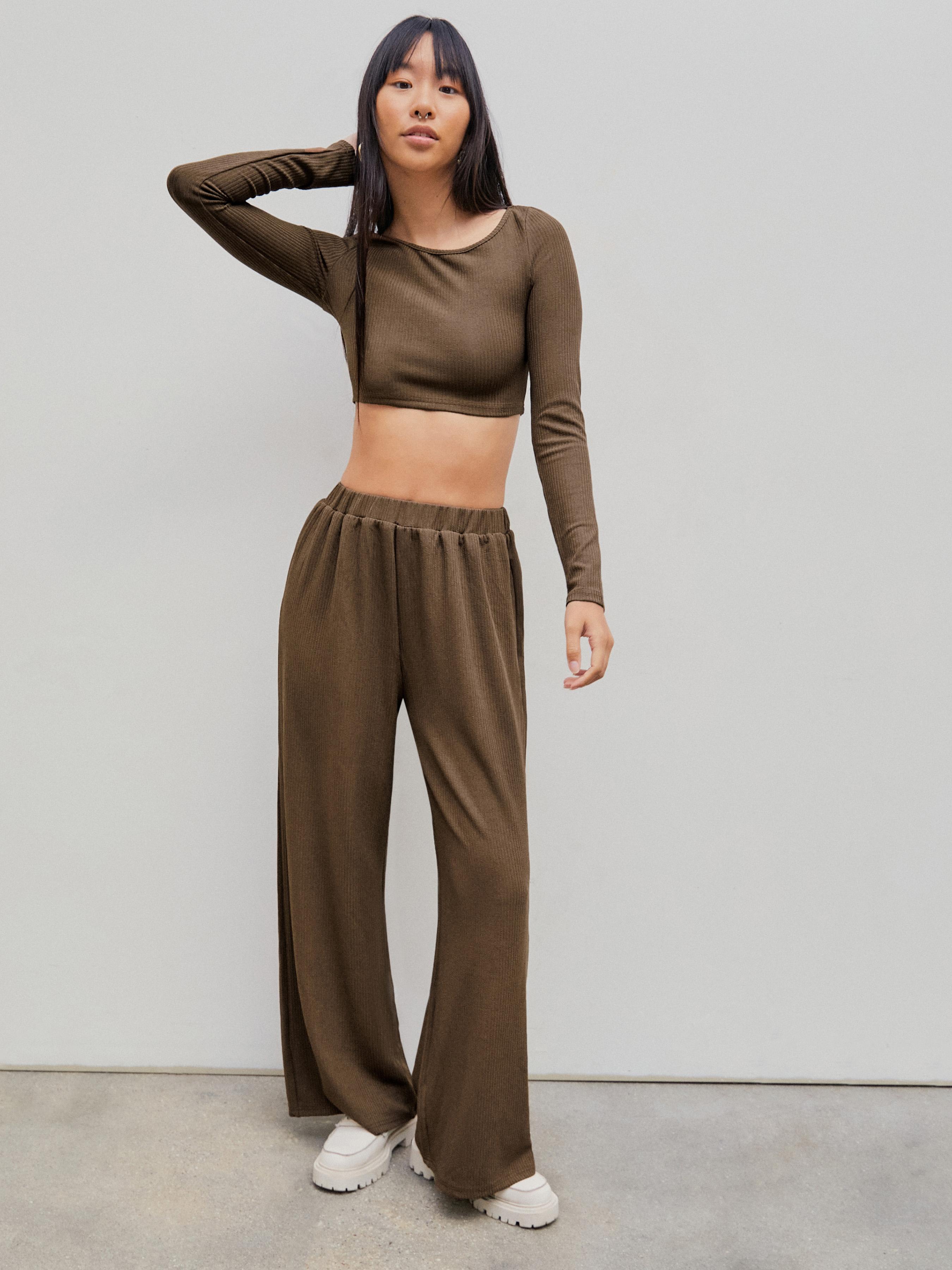 Solid Knitted Crop Top &  Wide Leg Trousers Set by CIDER