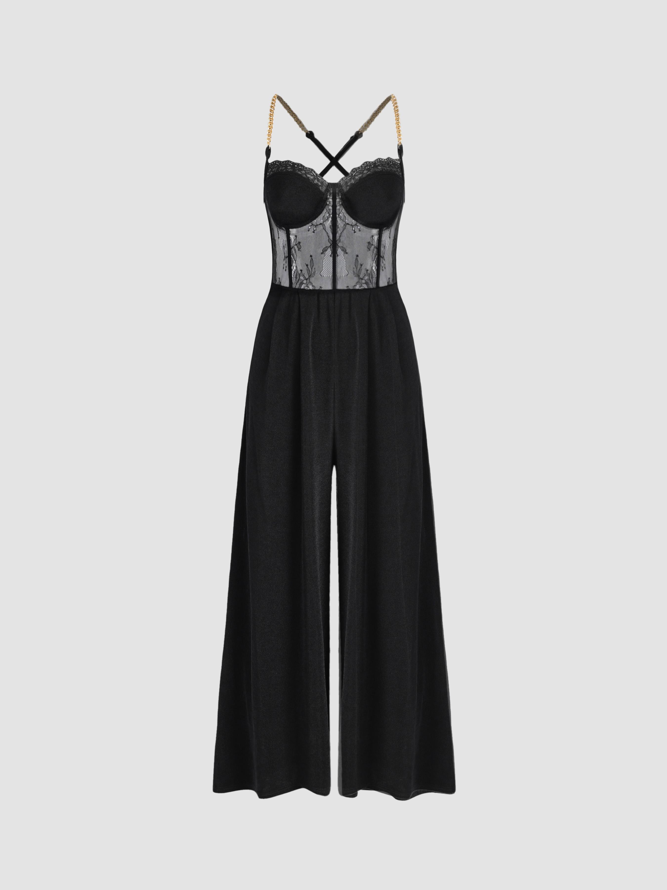 Solid Lace Corset Chain Cross Wide Leg Jumpsuit by CIDER