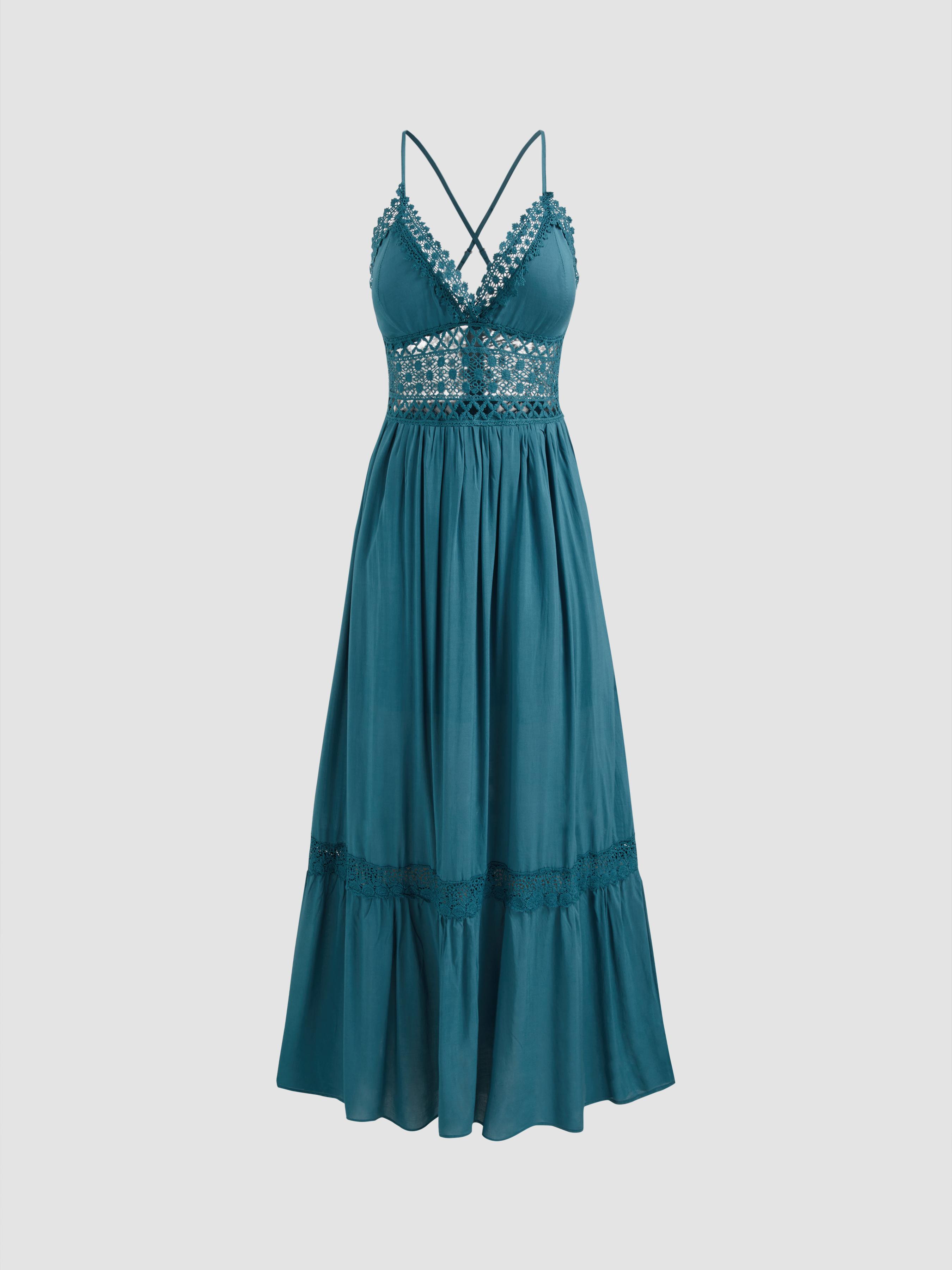 Solid Lace Trim Tiered Maxi Dress by CIDER