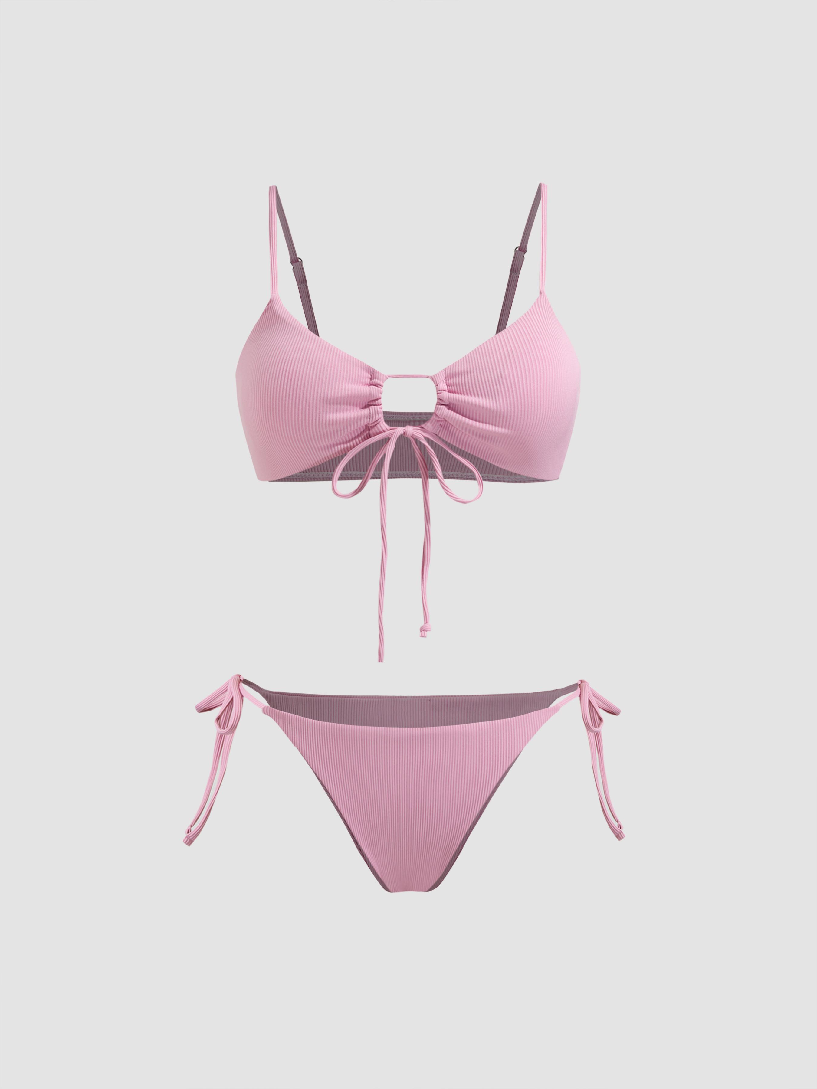 Solid O-Ring Front Tied Bikini Set by CIDER