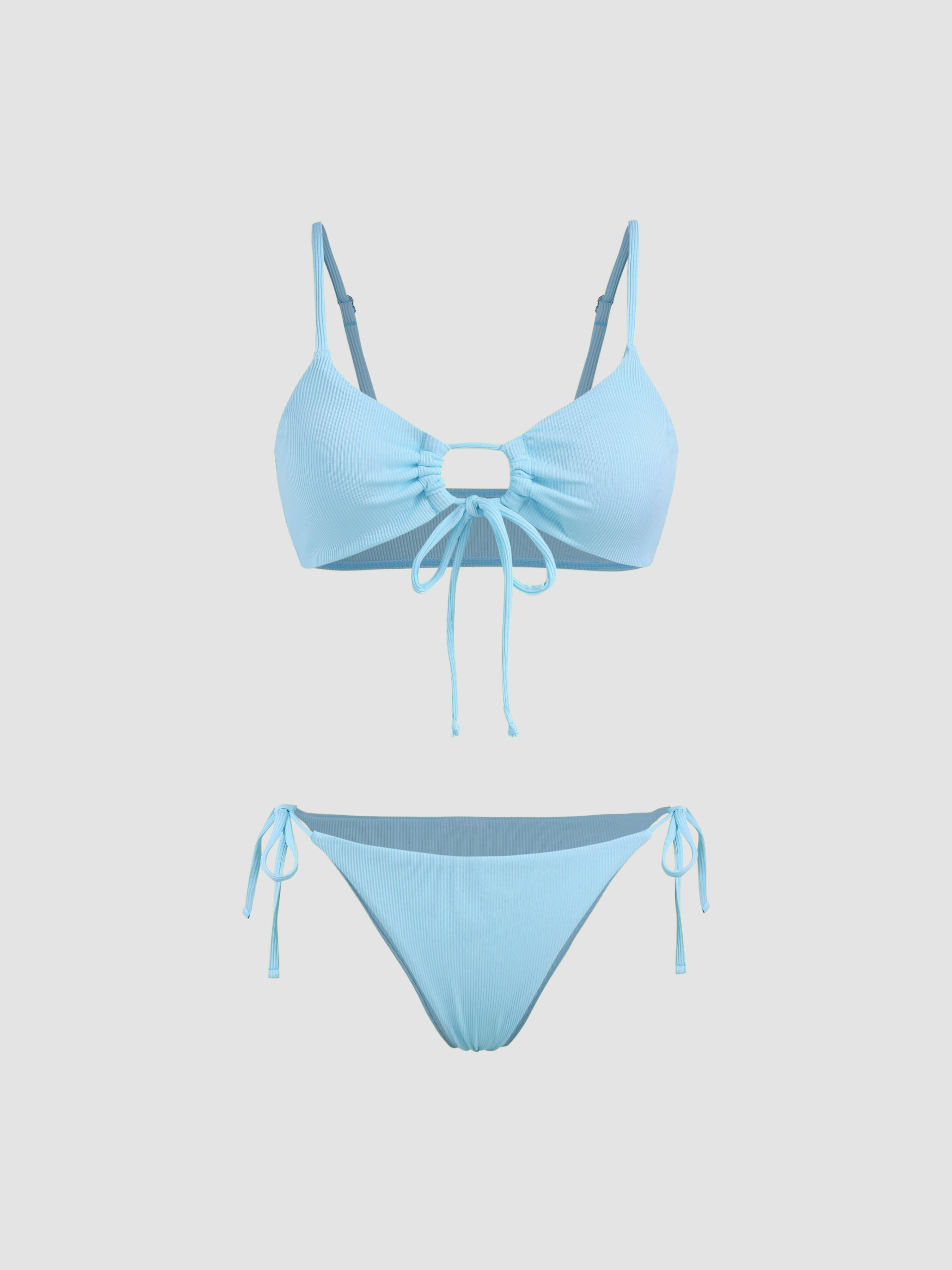 Solid O-Ring Front Tied Bikini Set by CIDER