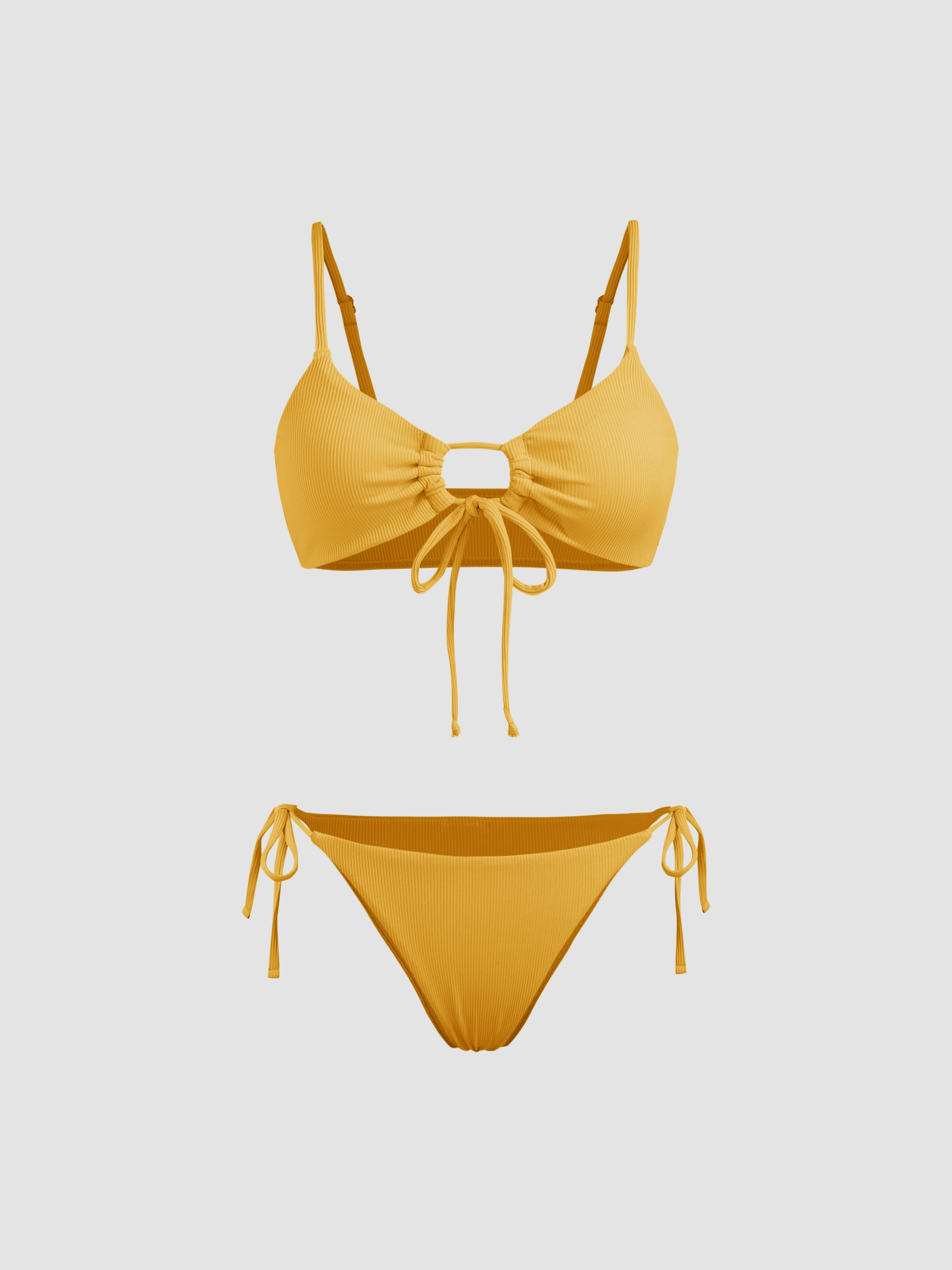 Solid O-Ring Front Tied Bikini Set by CIDER