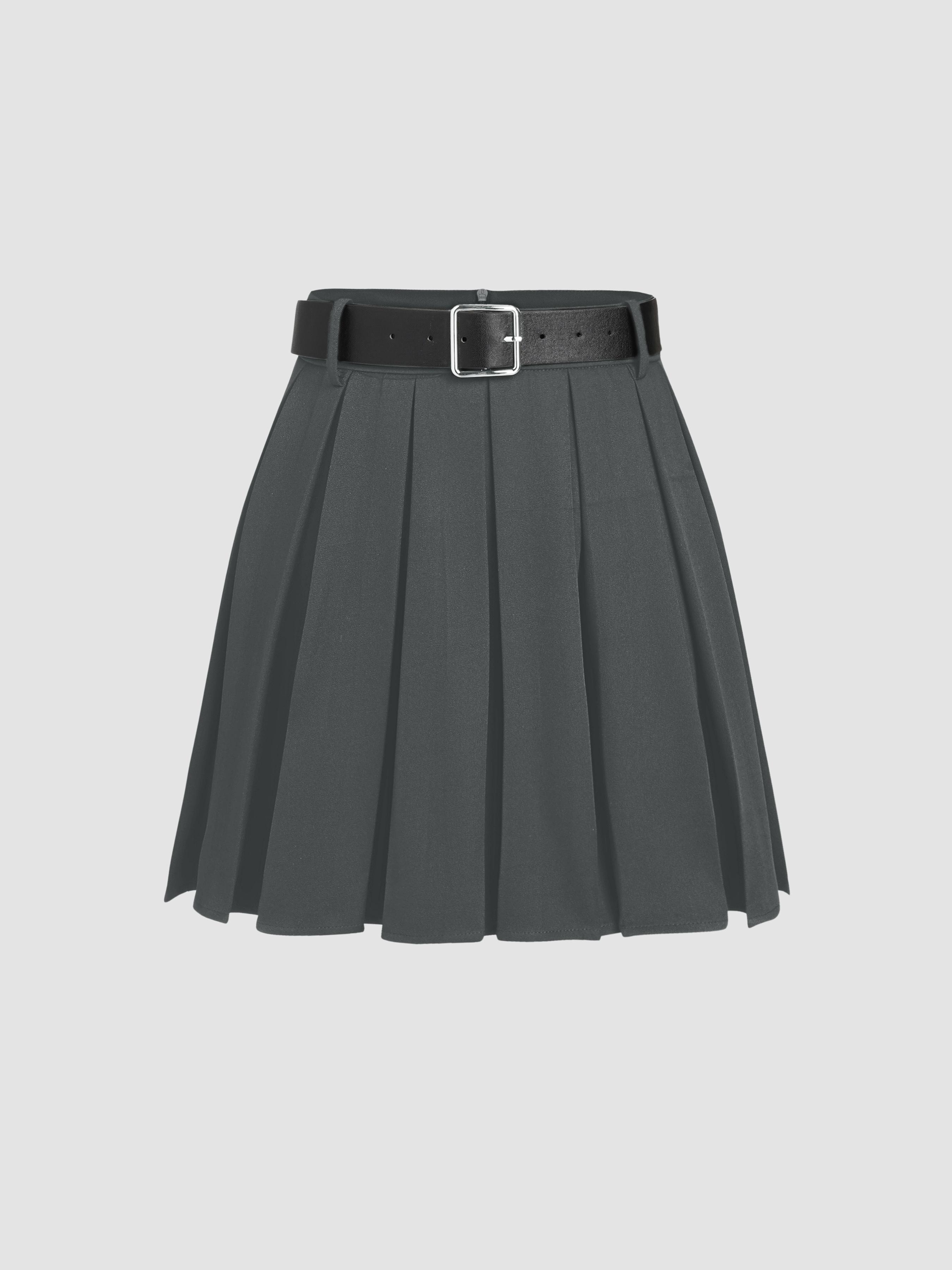 Solid Pleated Mini Skirt With Belt by CIDER