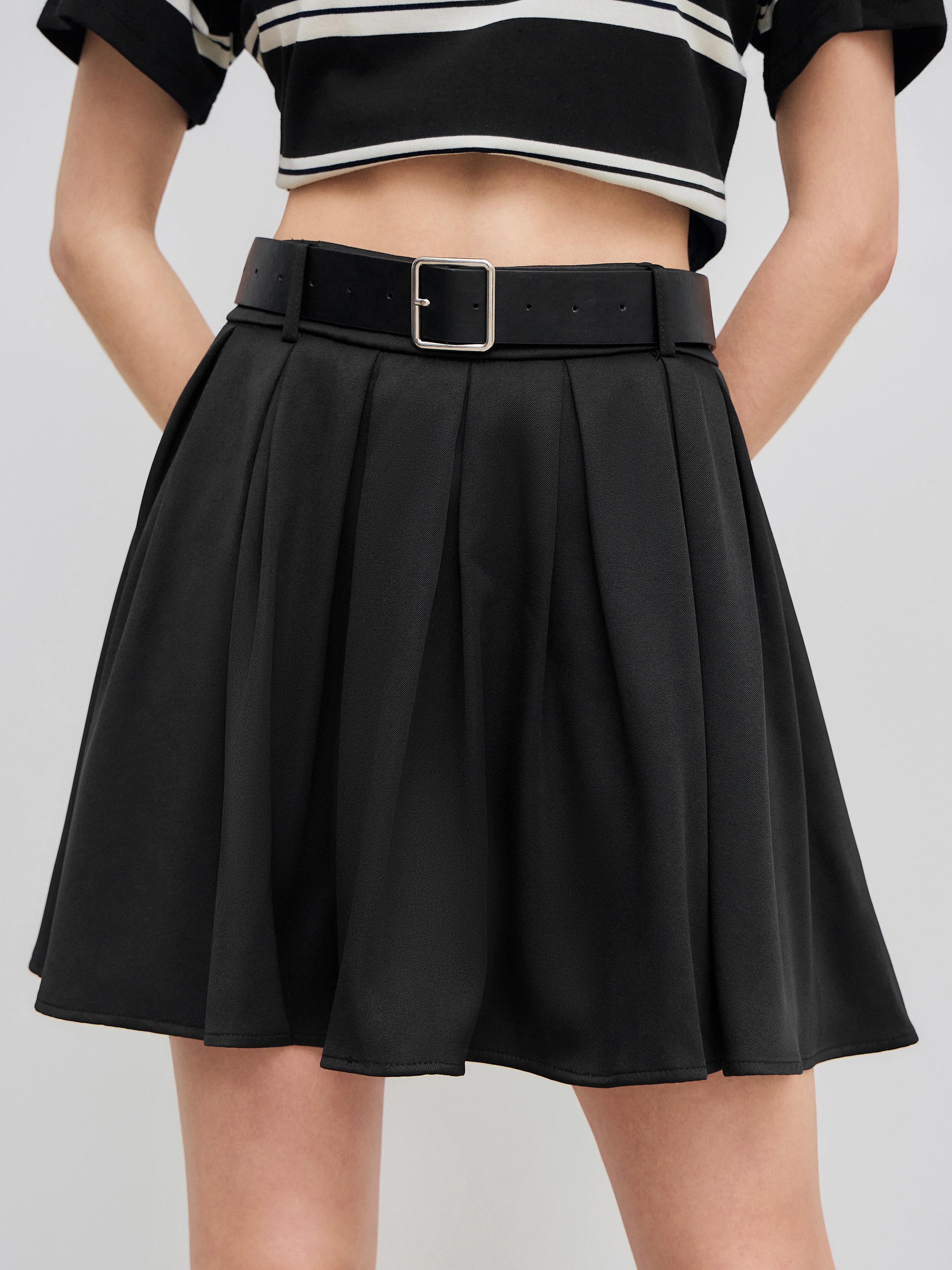 Solid Pleated Mini Skirt With Belt by CIDER