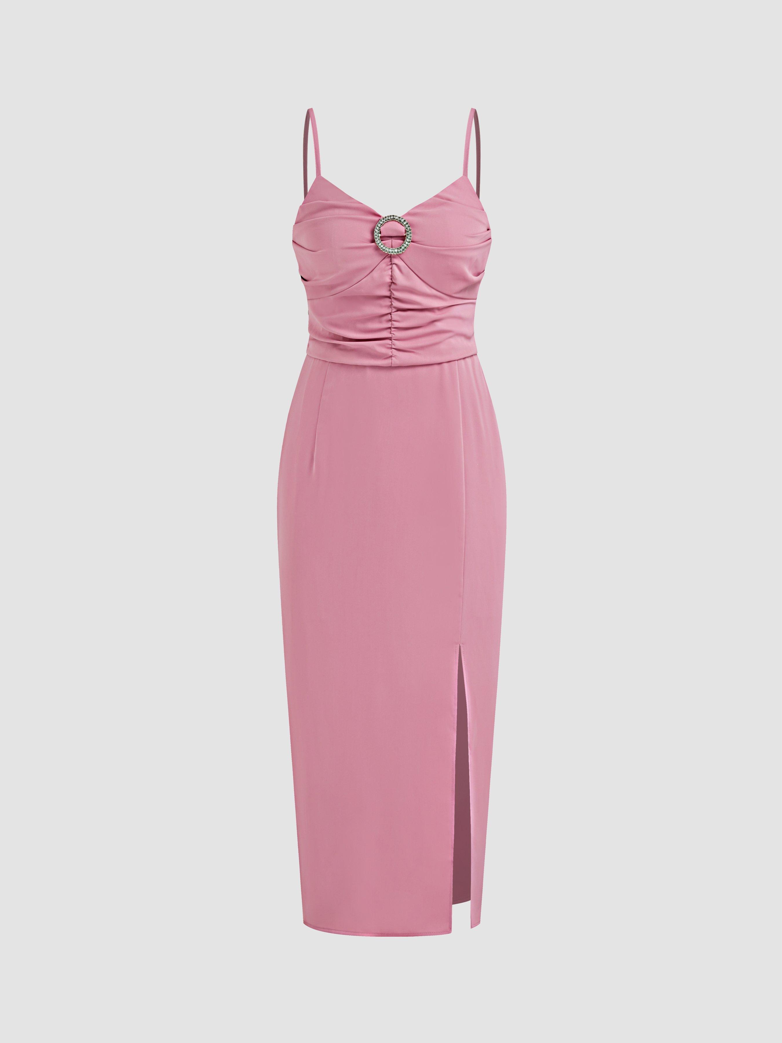 Solid Rhinestone Ring Slit Cami Dress by CIDER