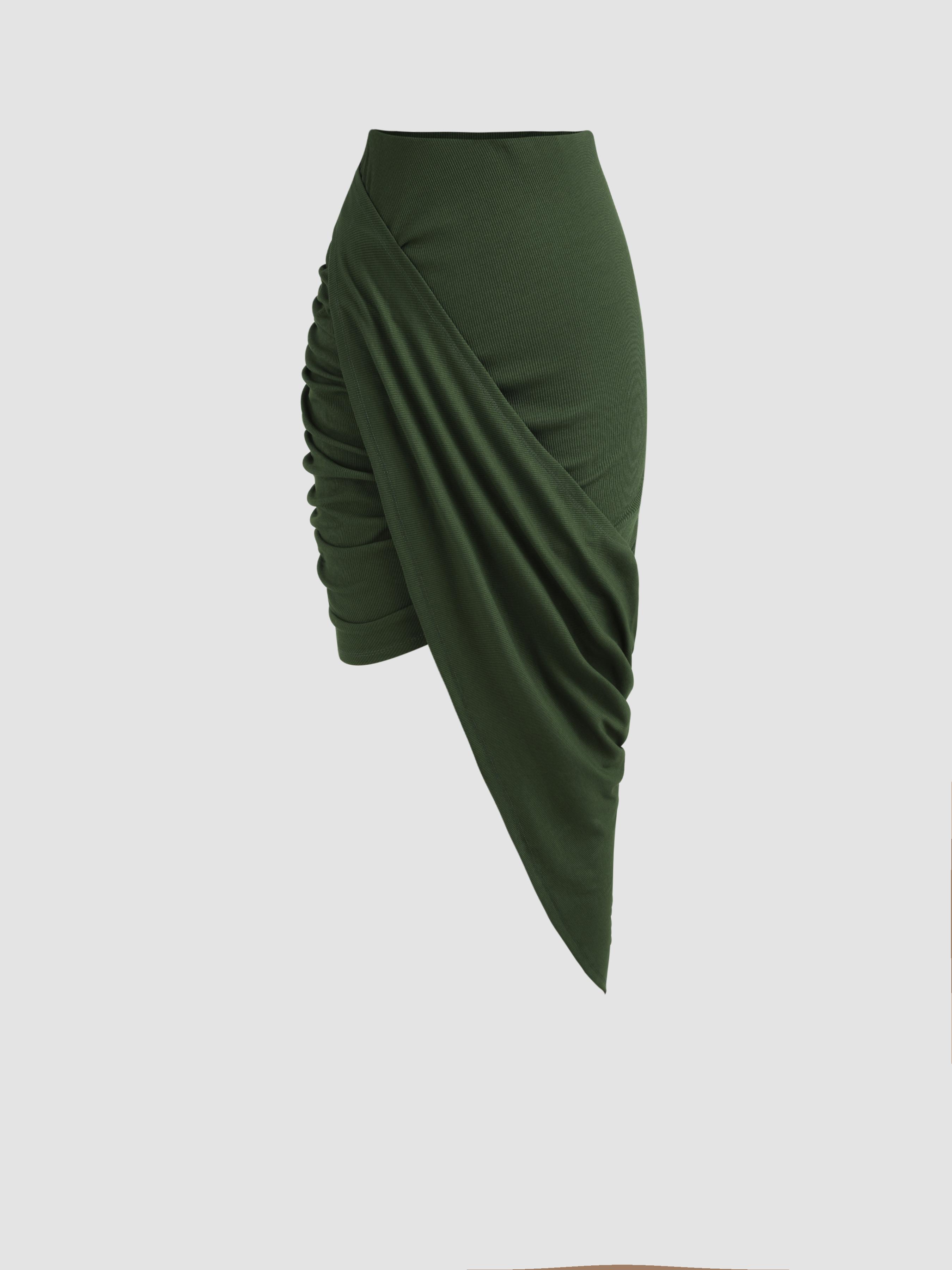 Solid Ruched Asymmetrical Hem Skirt by CIDER