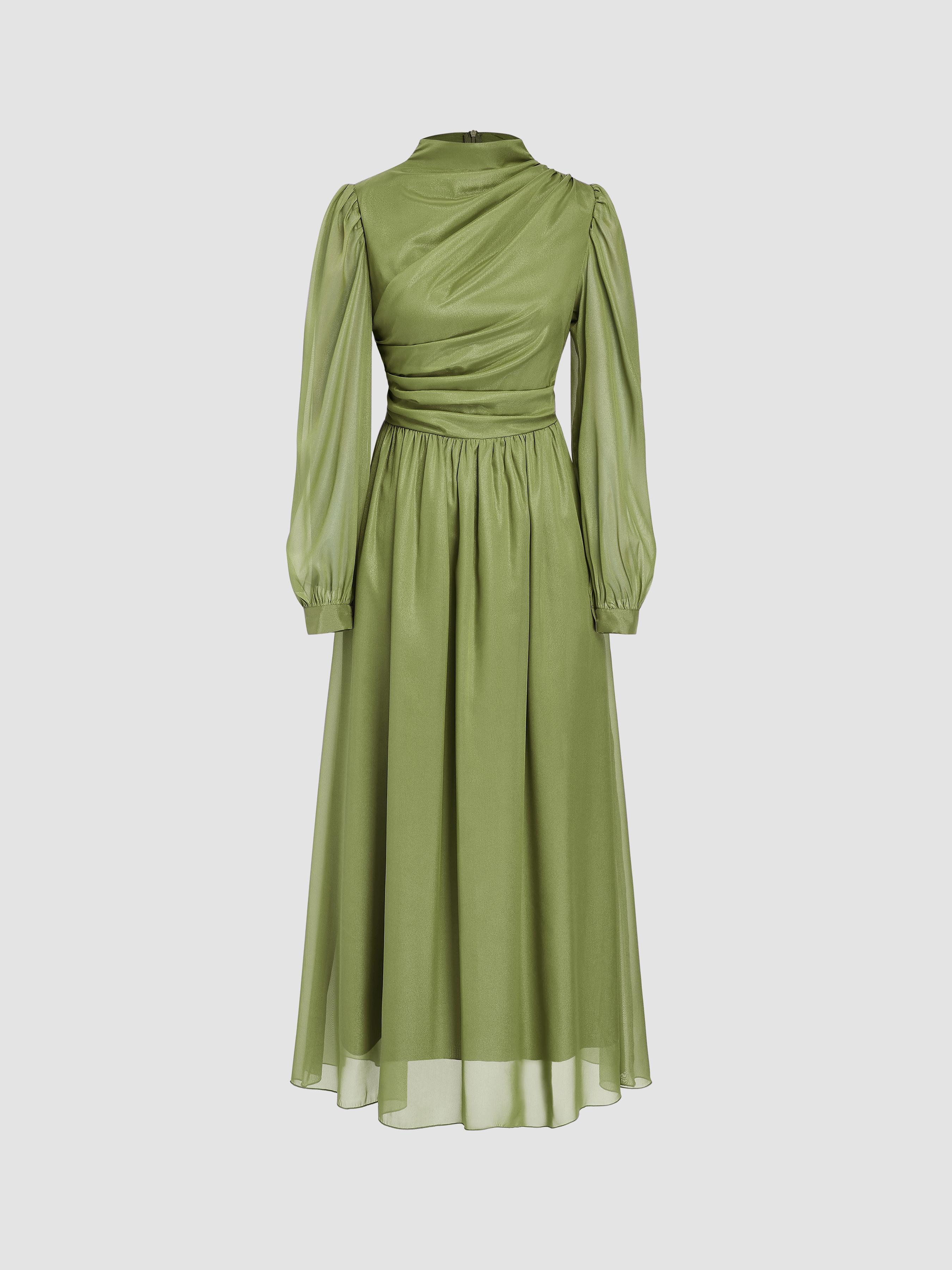 Solid Ruched Puff Sleeve Maxi Dress by CIDER