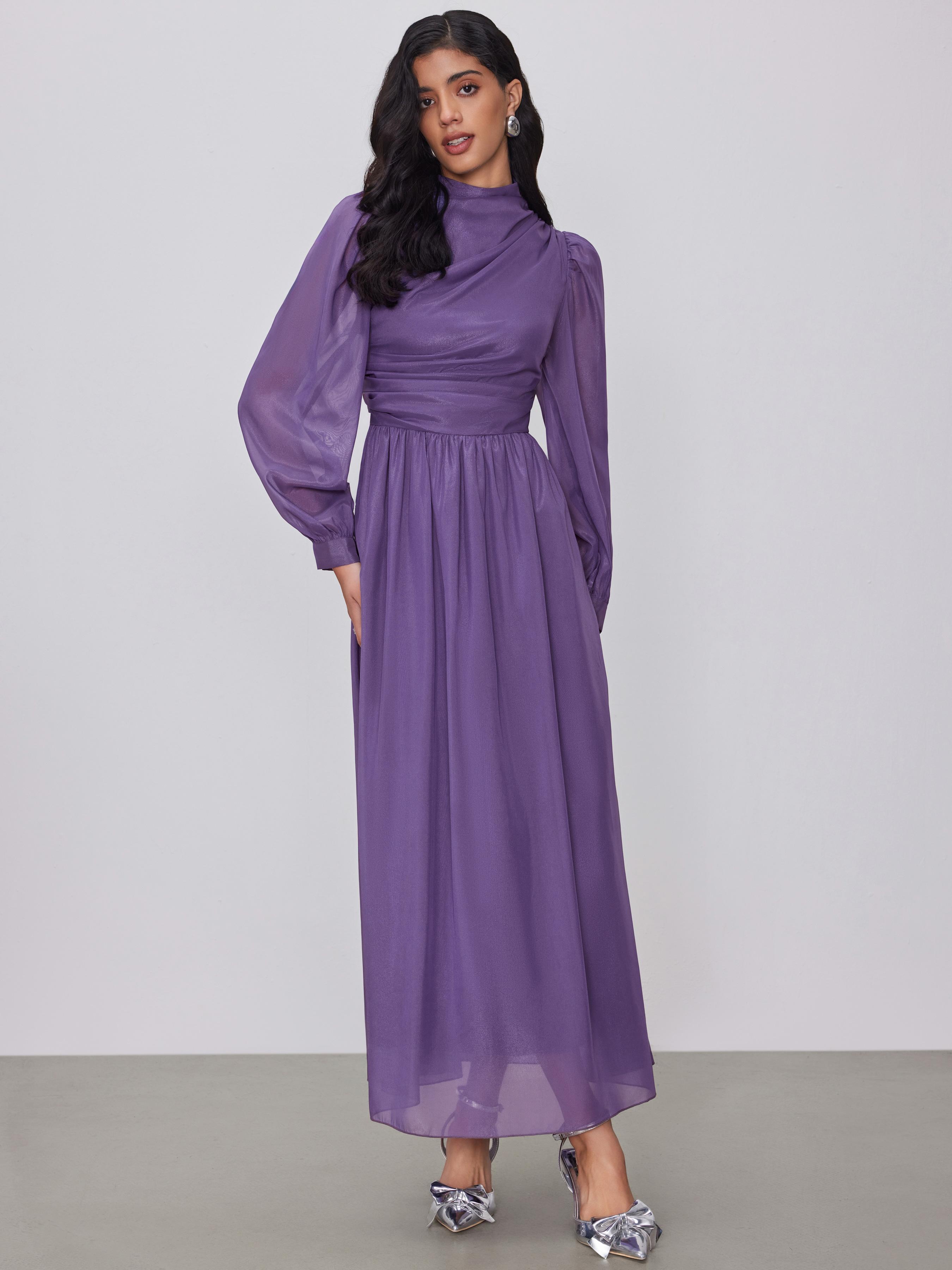 Solid Ruched Puff Sleeve Maxi Dress by CIDER