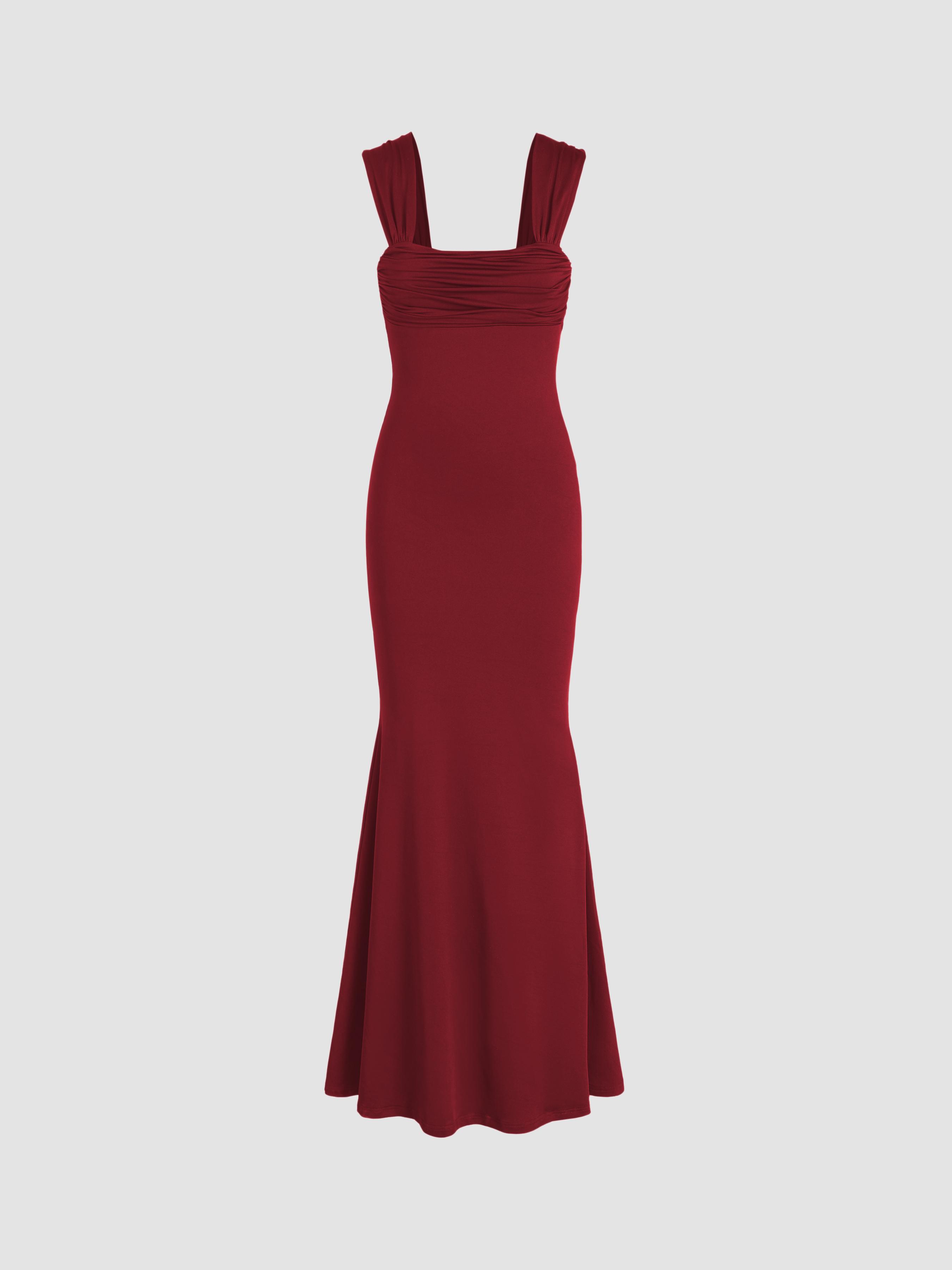 Solid Ruched U-neckline Ruffle Maxi Dress by CIDER