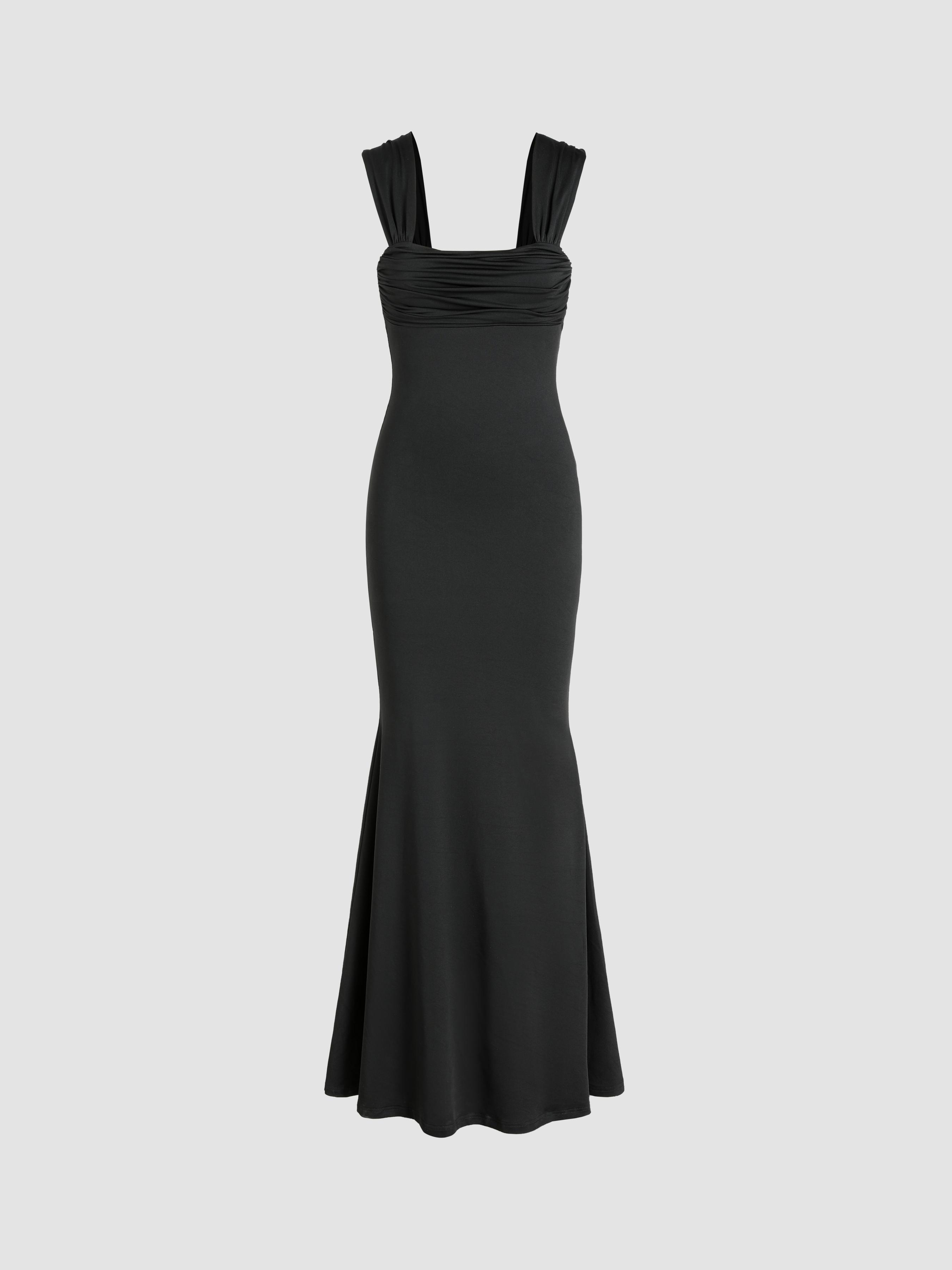 Solid Ruched U-neckline Ruffle Maxi Dress by CIDER