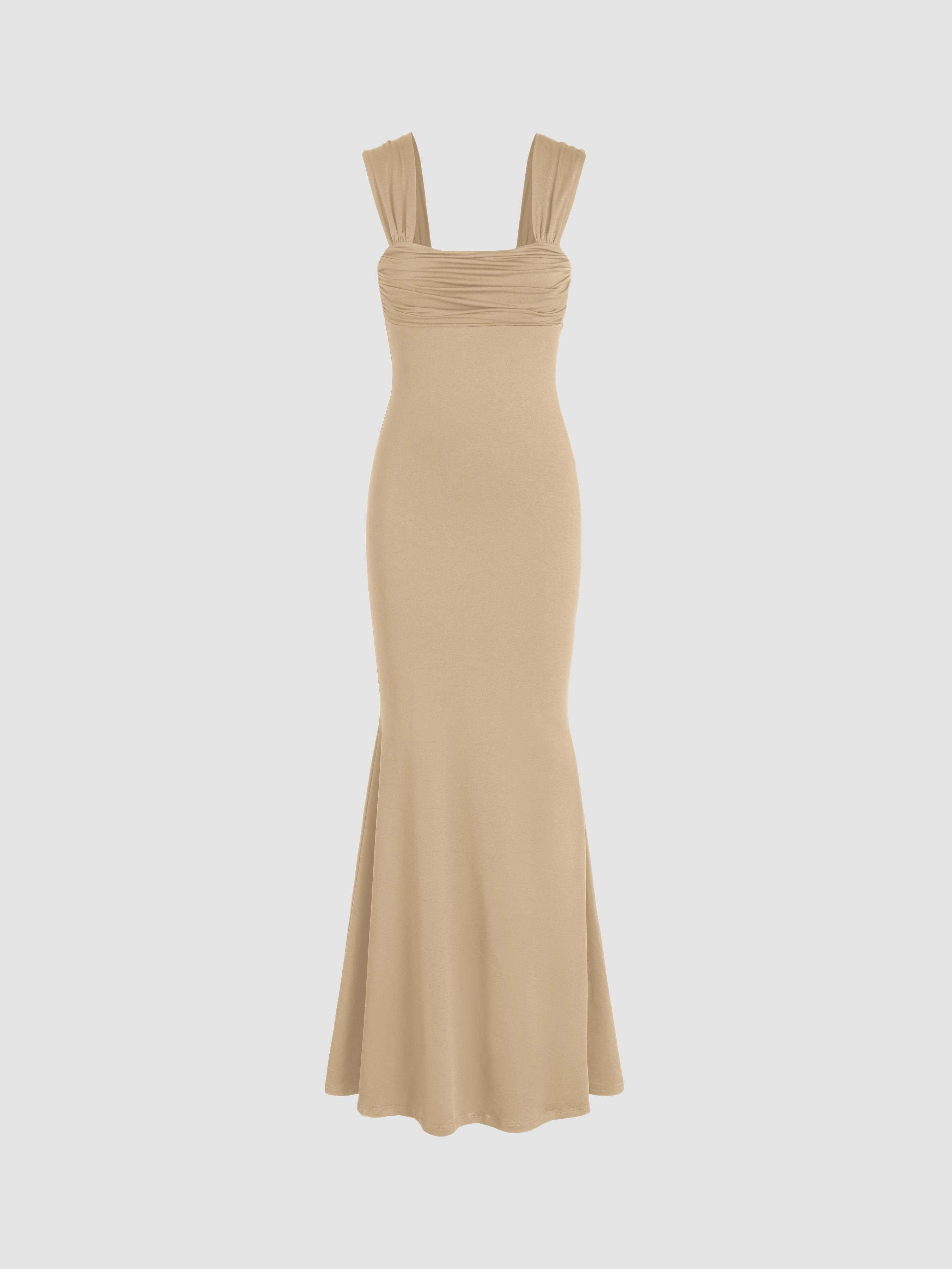 Solid Ruched U-neckline Ruffle Maxi Dress by CIDER