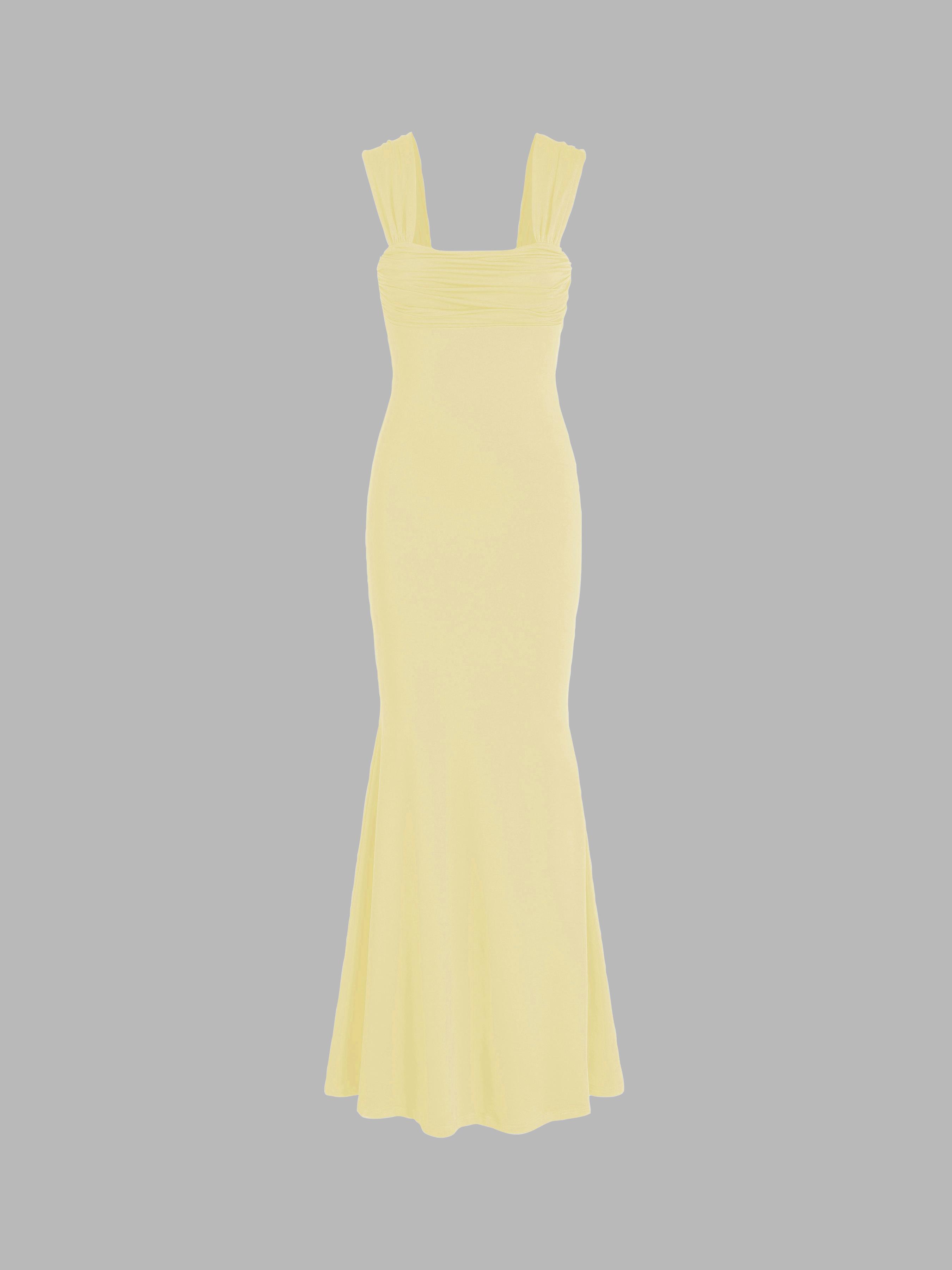 Solid Ruched U-neckline Ruffle Maxi Dress by CIDER