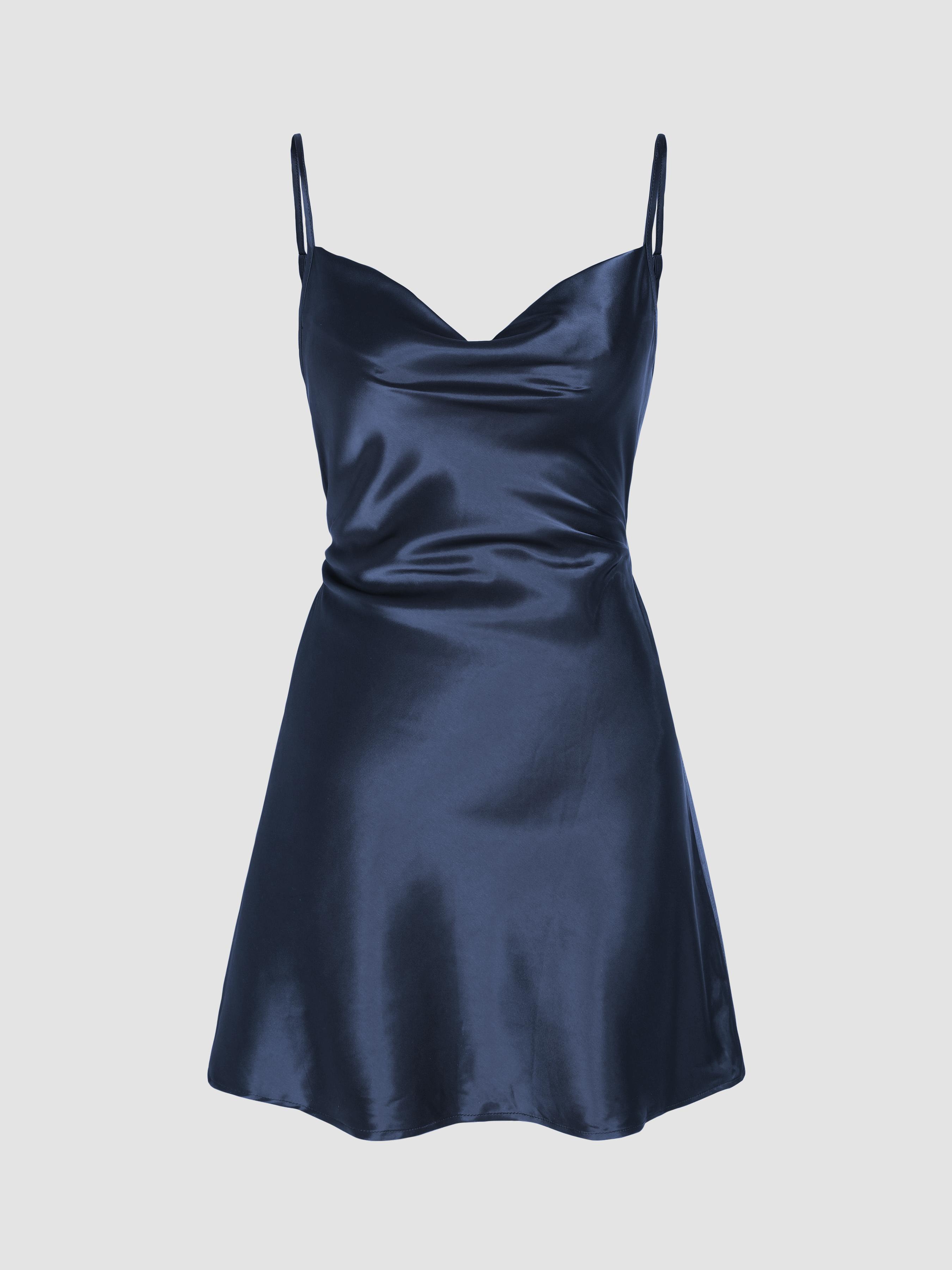 Solid Satin Cowl Neck Cami Mini Dress by CIDER
