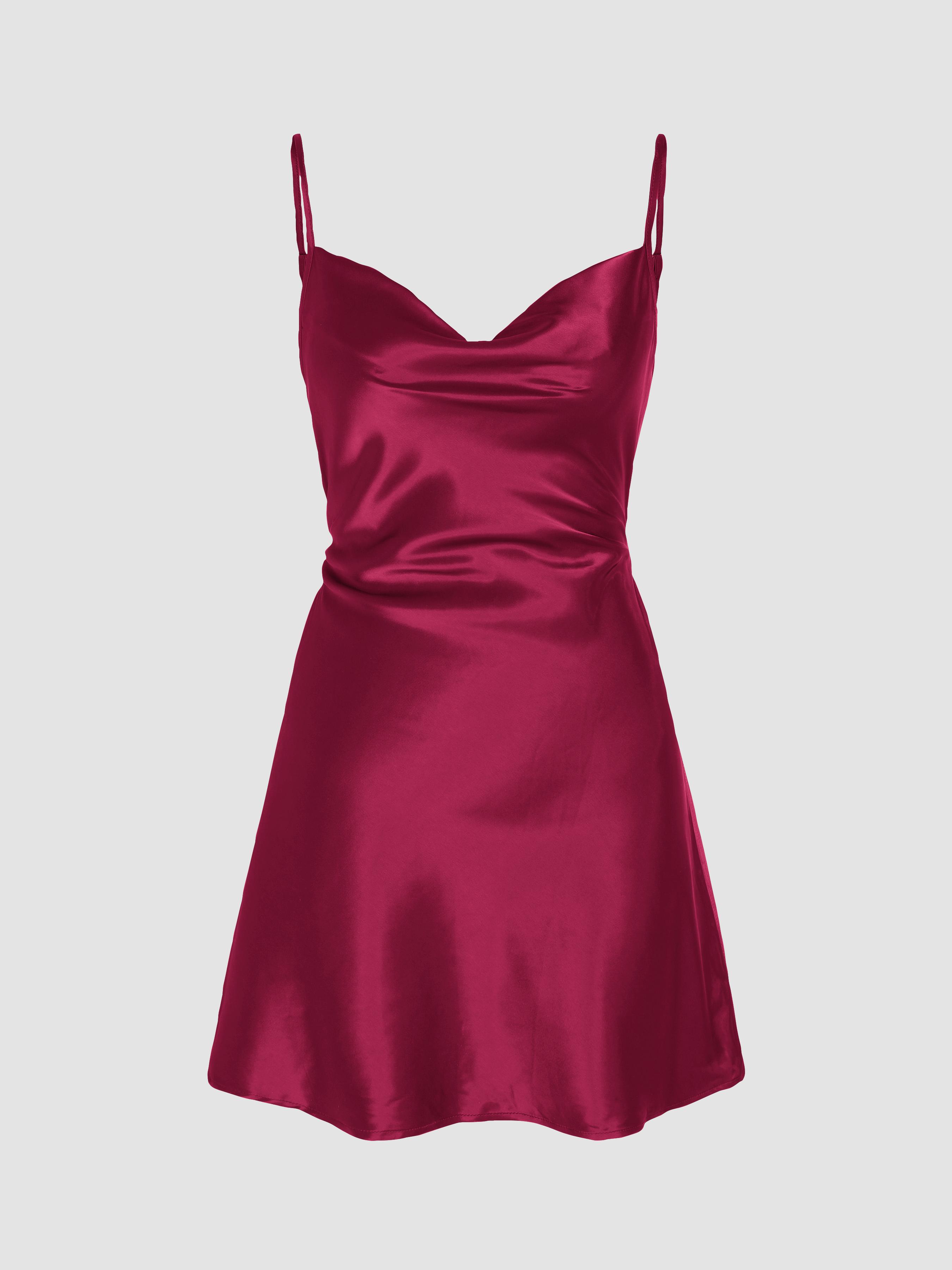 Solid Satin Cowl Neck Cami Mini Dress by CIDER