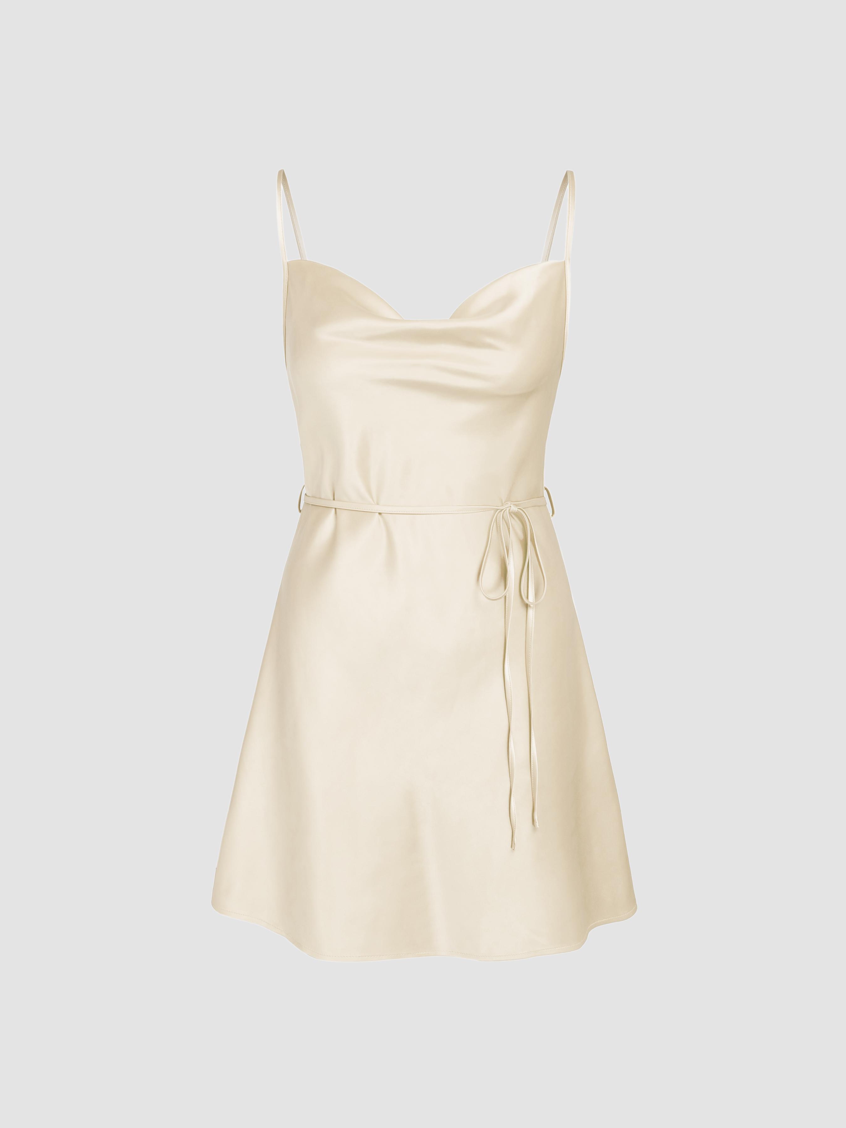 Solid Satin Cowl Neck Cami Mini Dress by CIDER