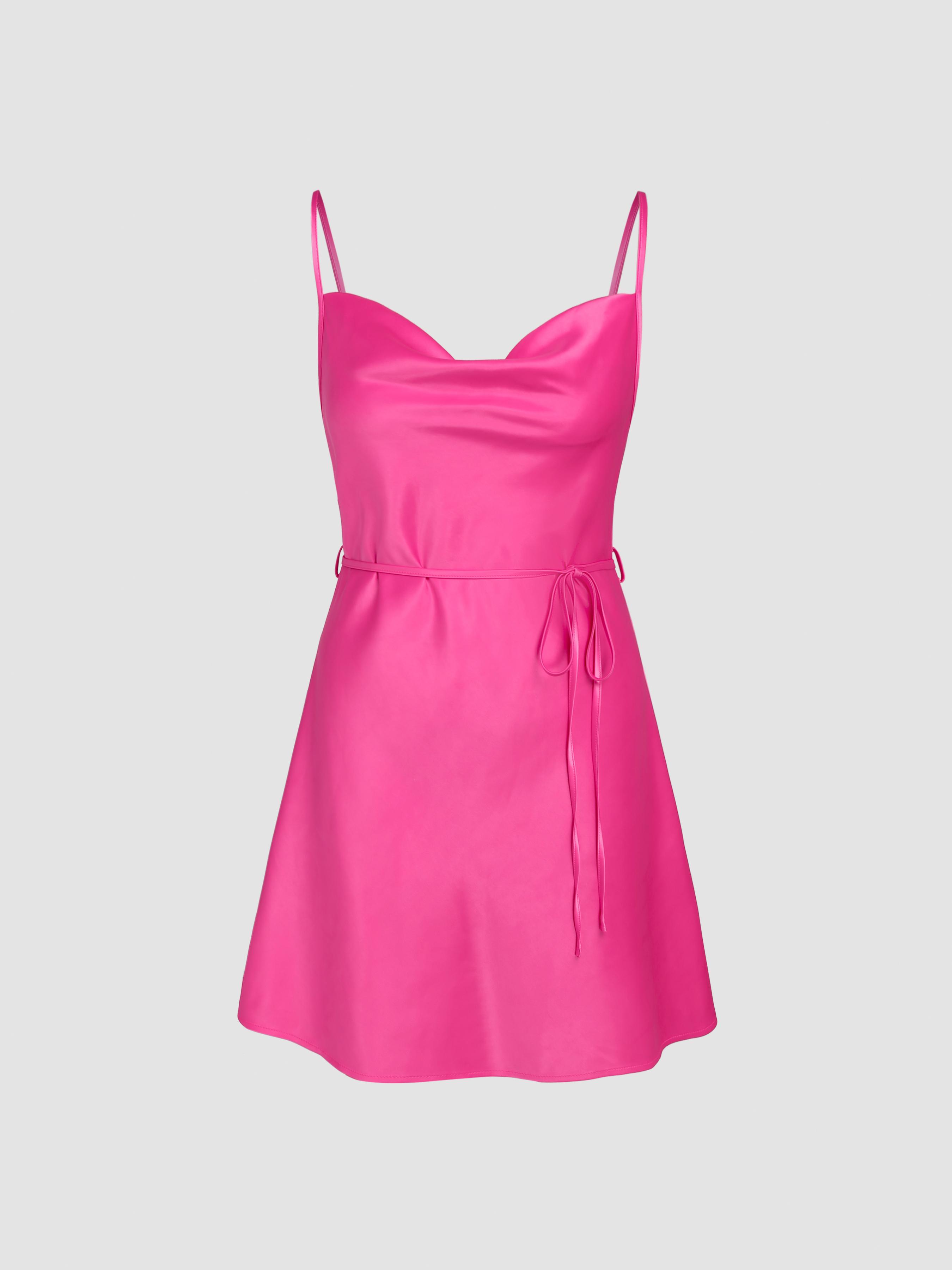 Solid Satin Cowl Neck Cami Mini Dress by CIDER