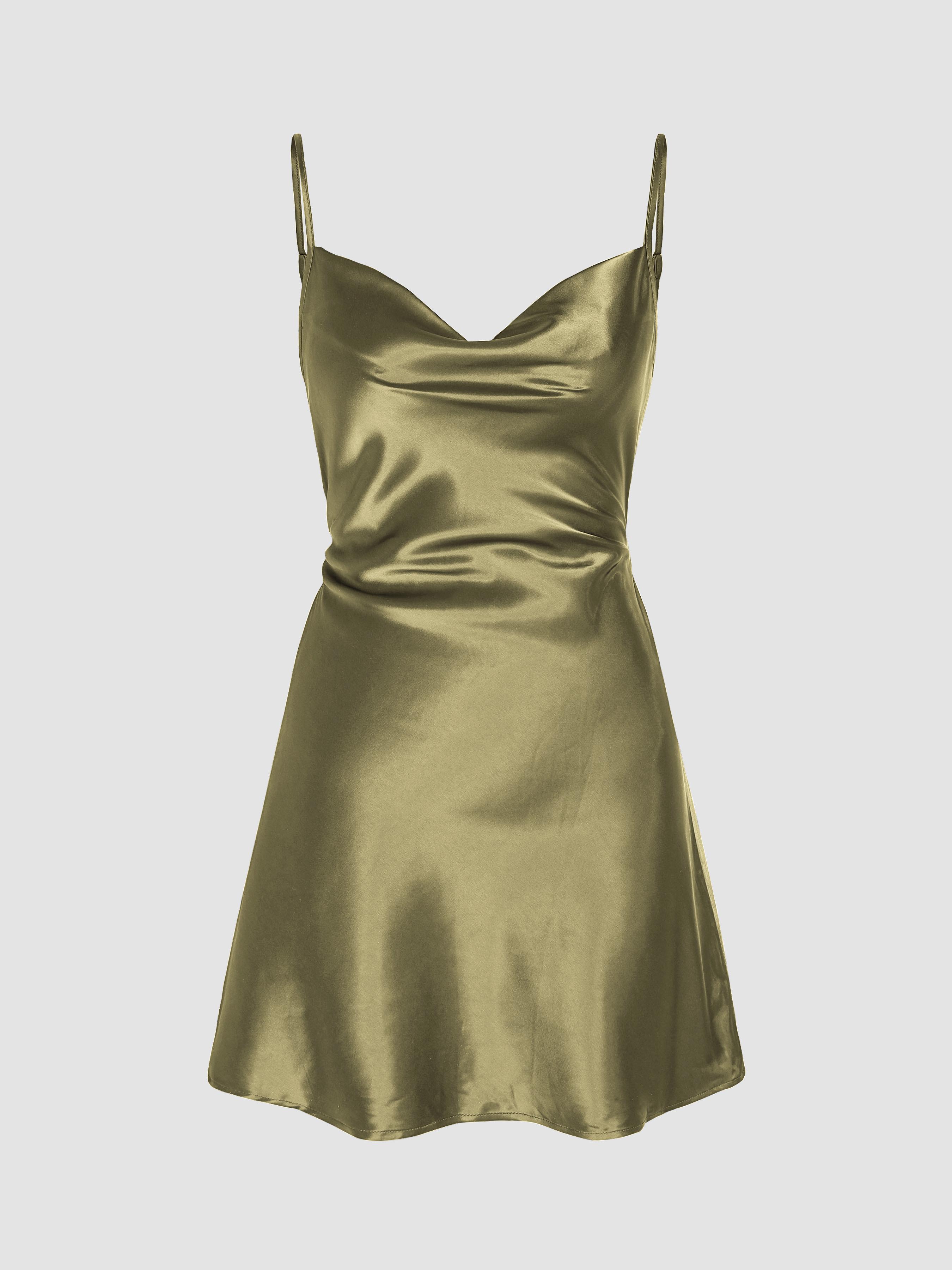 Solid Satin Cowl Neck Cami Mini Dress by CIDER