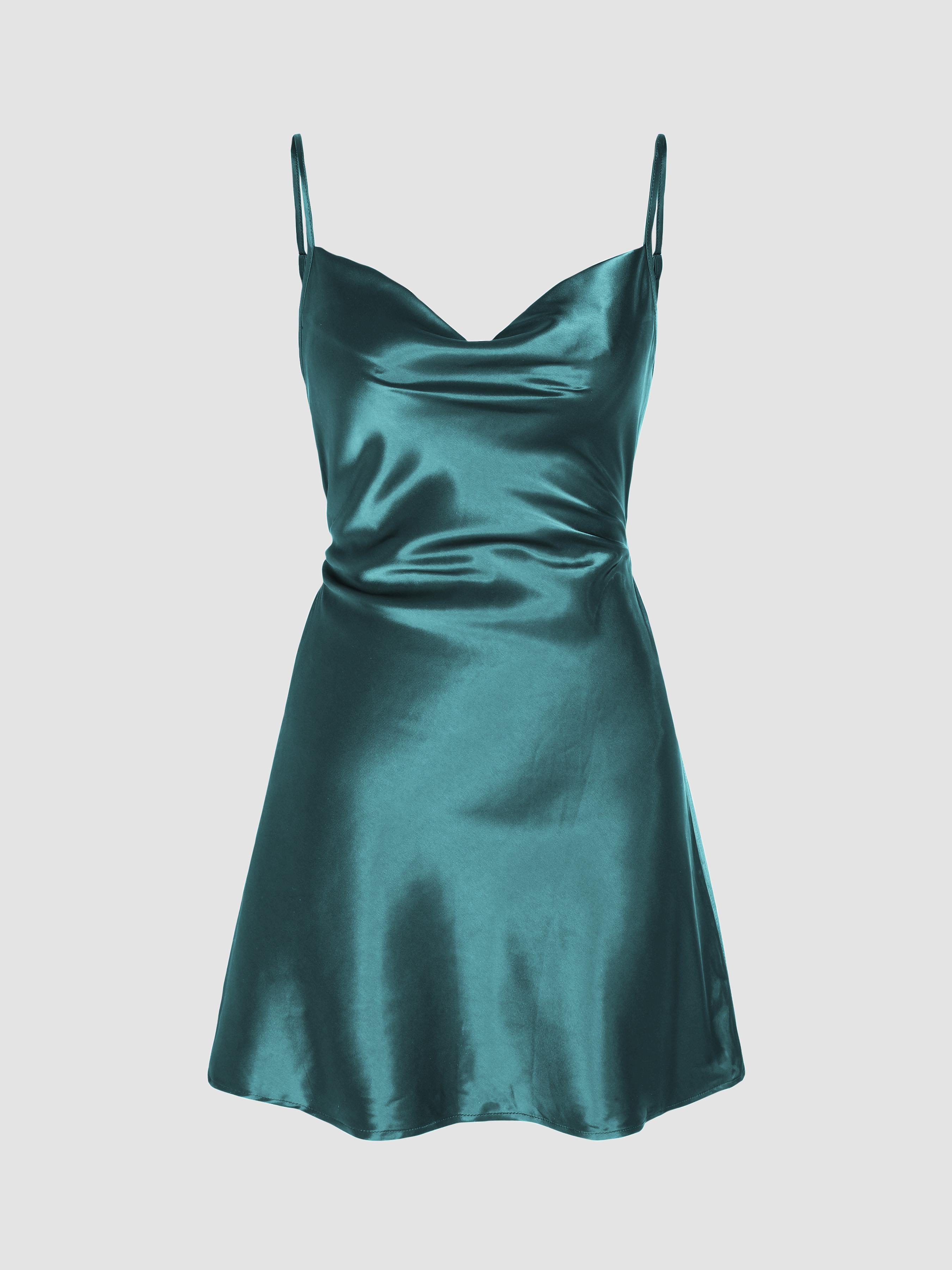 Solid Satin Cowl Neck Cami Mini Dress by CIDER